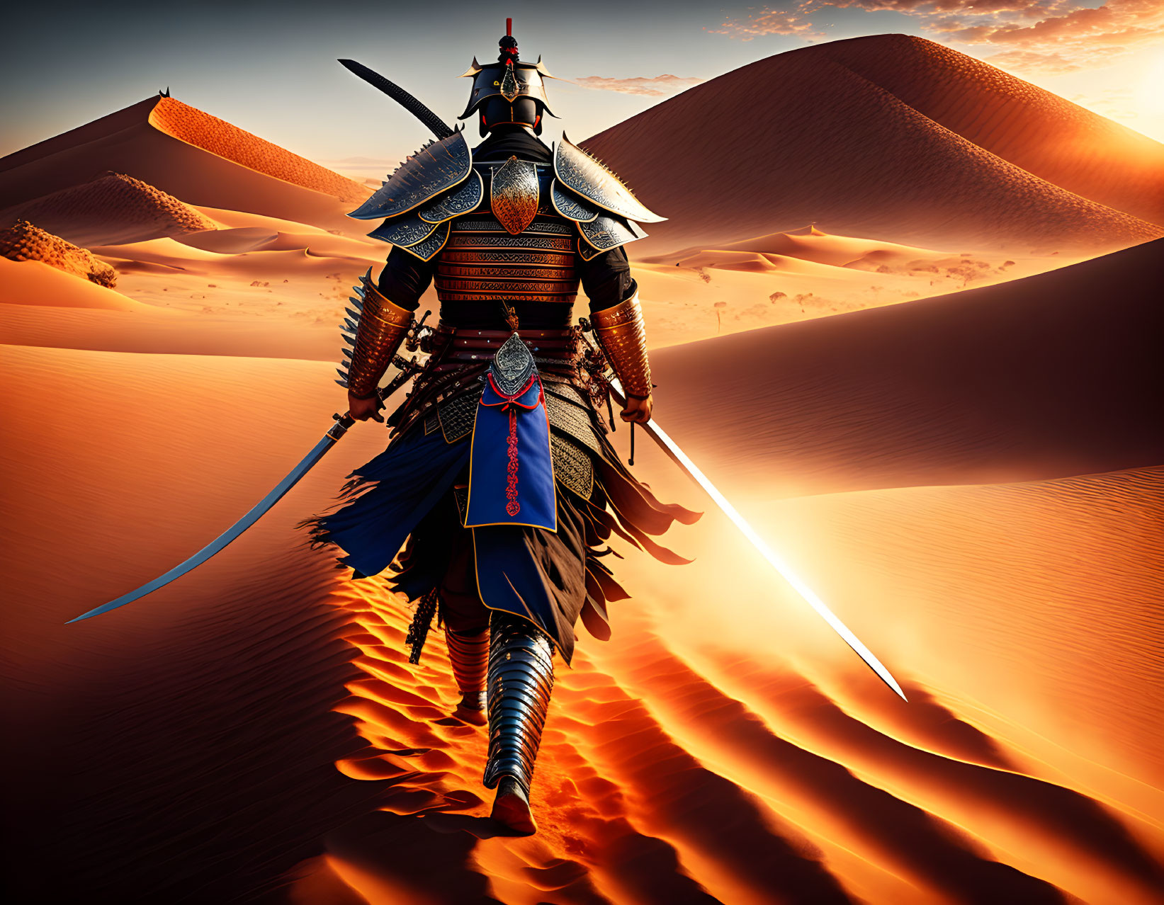 Traditional samurai in armor with katana and polearm on desert dune at sunset.