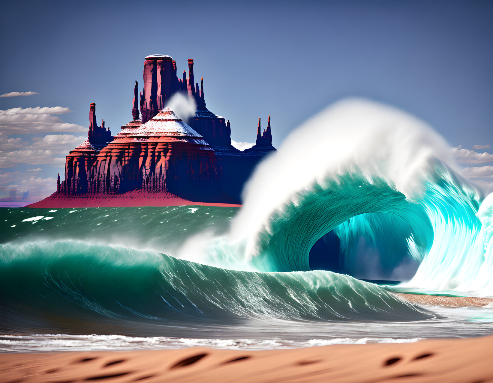 Large turquoise wave cresting on sandy beach with red rock formations and blue sky.