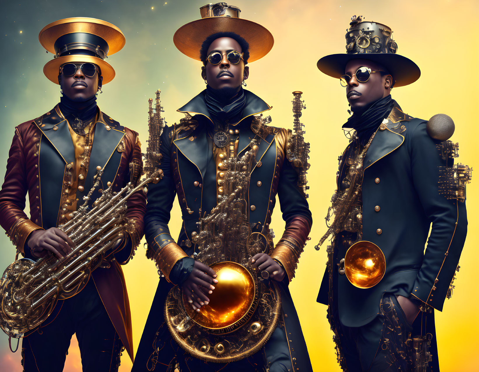 Three individuals in steampunk attire with brass instruments on amber backdrop