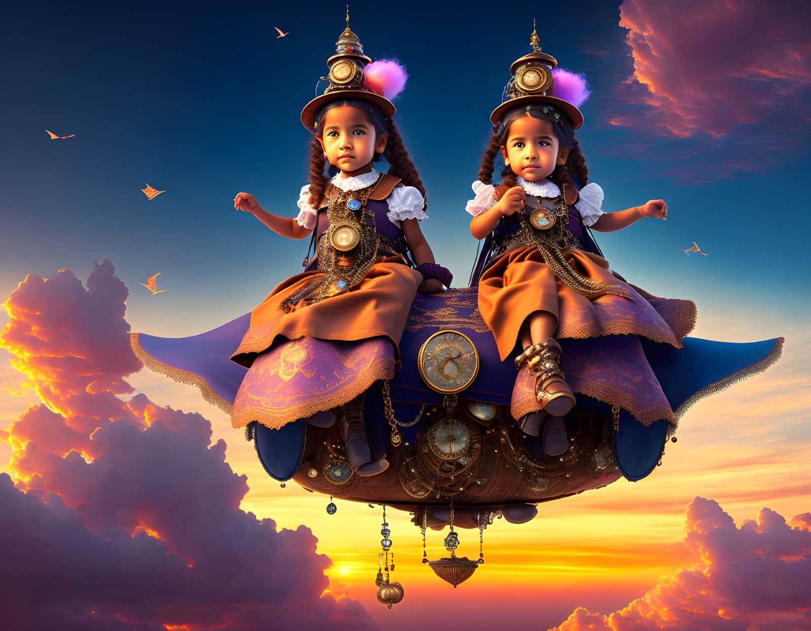 Identical vintage dolls on mirrored vessel in sunset sky with birds