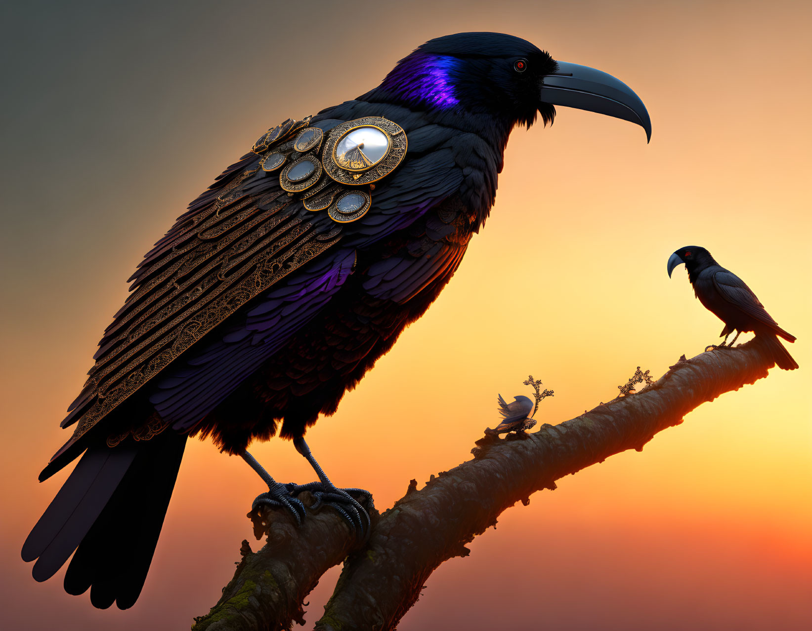 Majestic raven with gold accessories perched at sunset