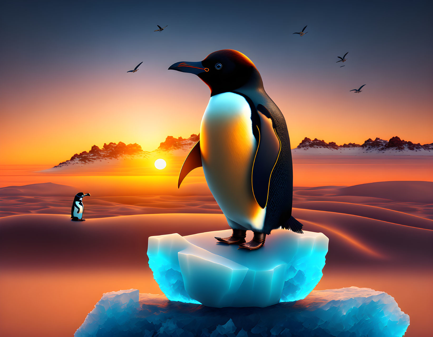 Penguin on Iceberg at Sunset with Silhouetted Birds