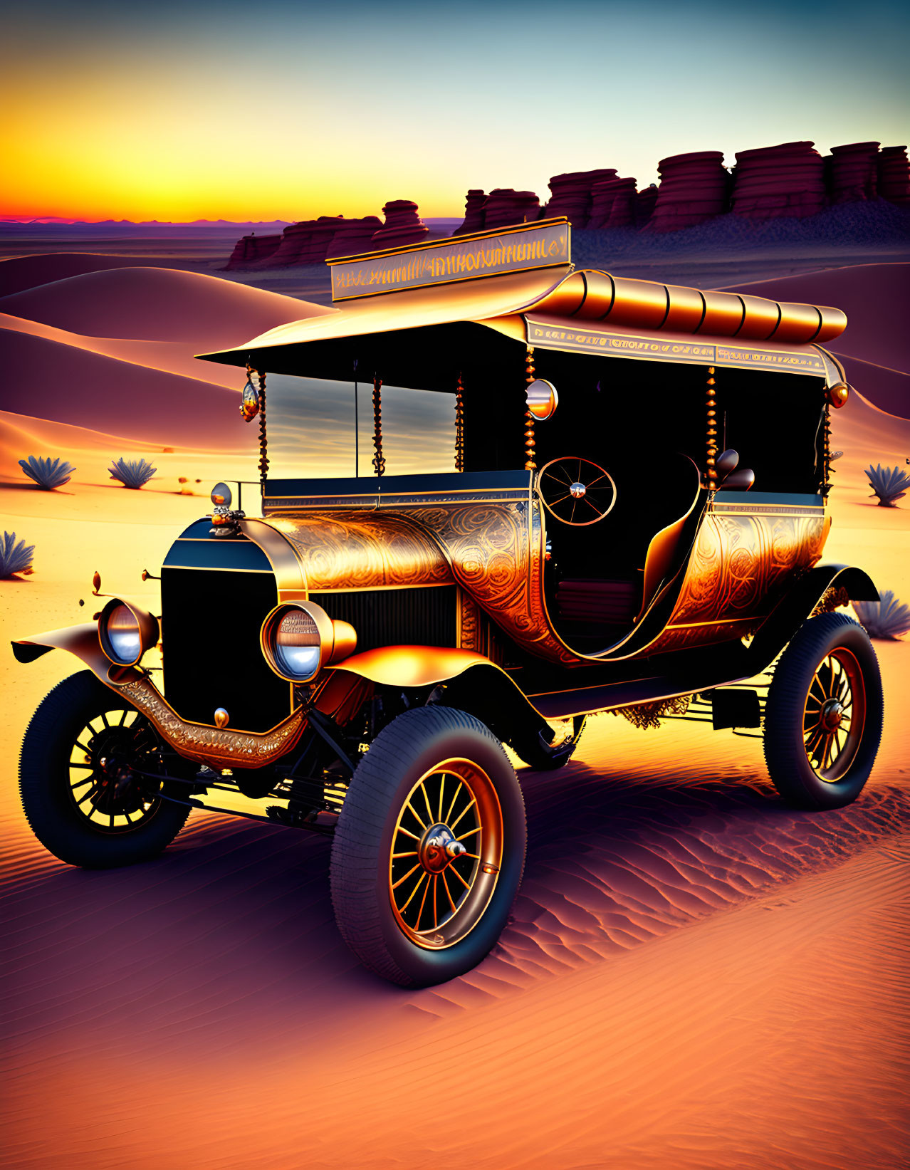 Vintage Car with Intricate Patterns in Desert Sunset