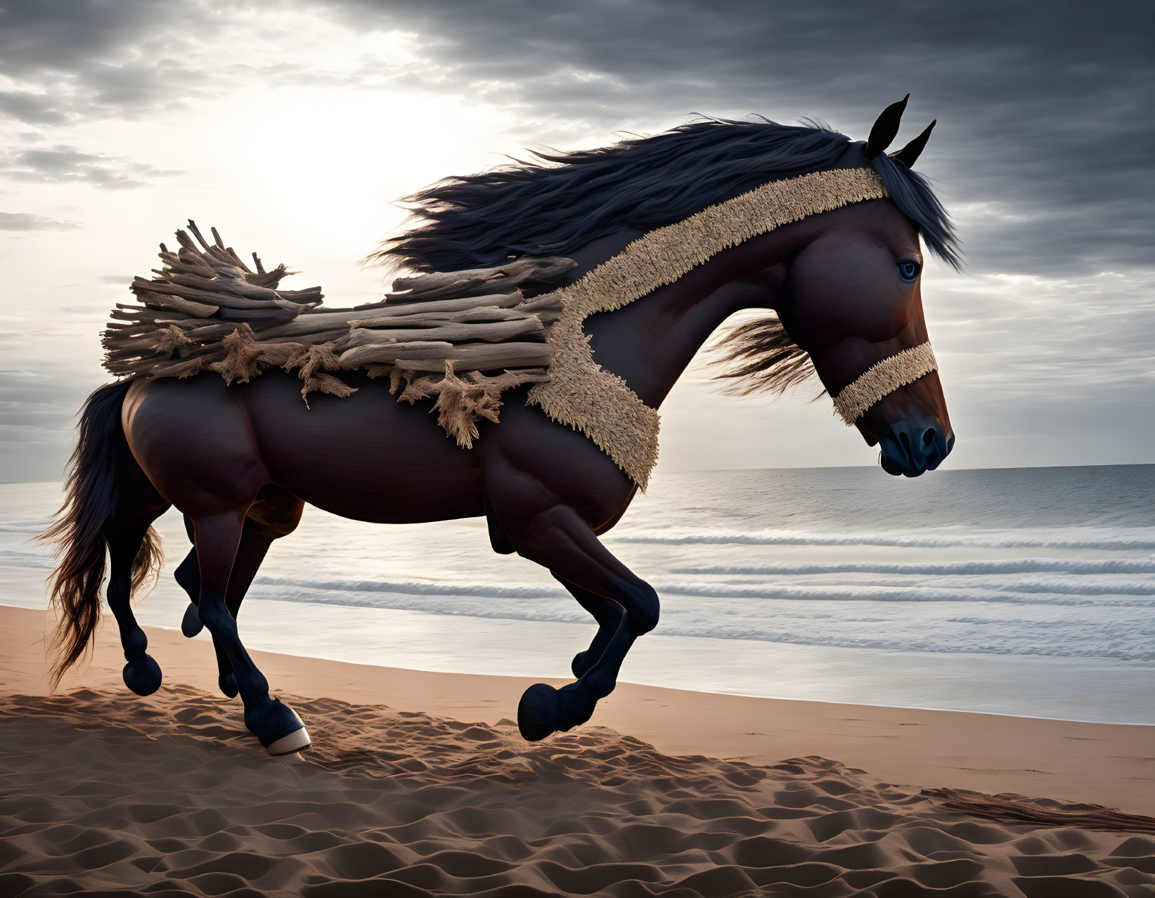 Majestic horse with straw saddle galloping on sandy beach at dusk