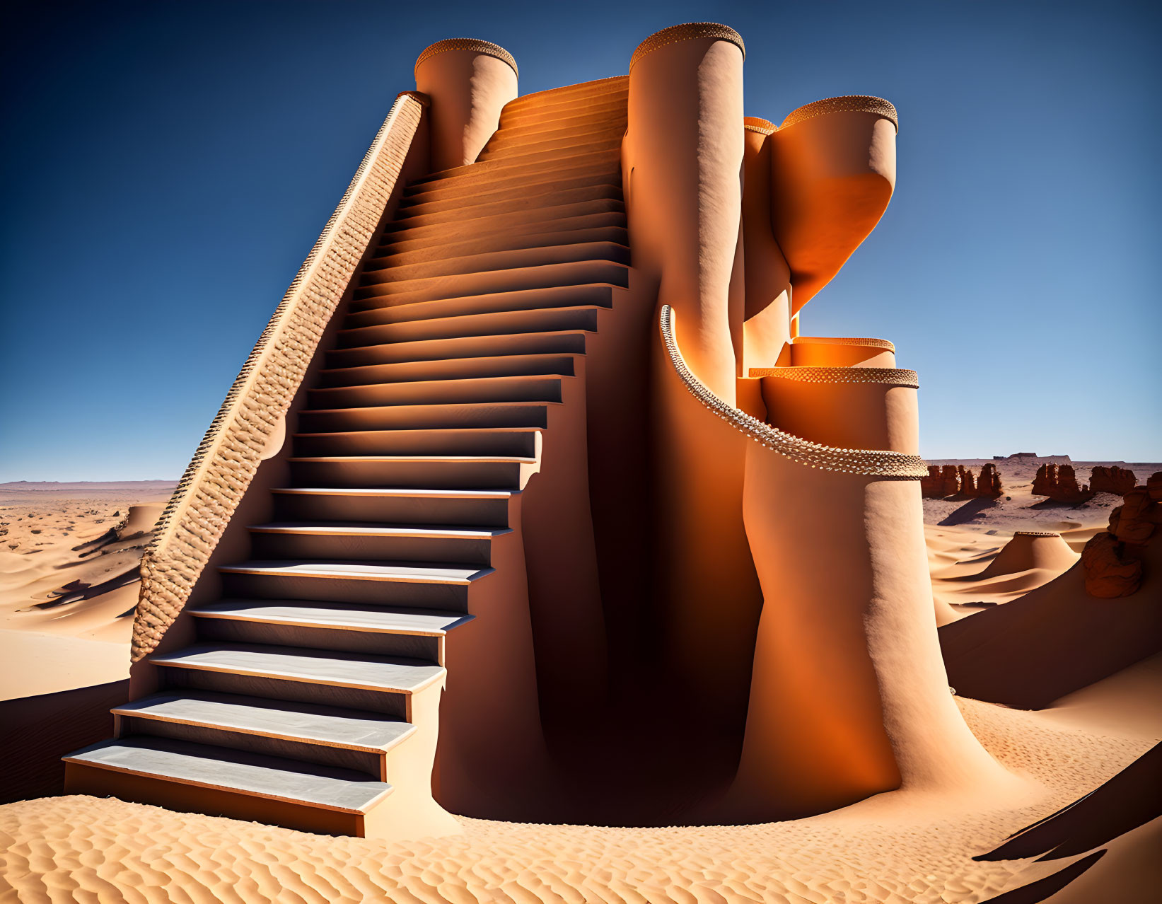 Surreal orange sandcastle on staircase with flowing shapes in desert landscape