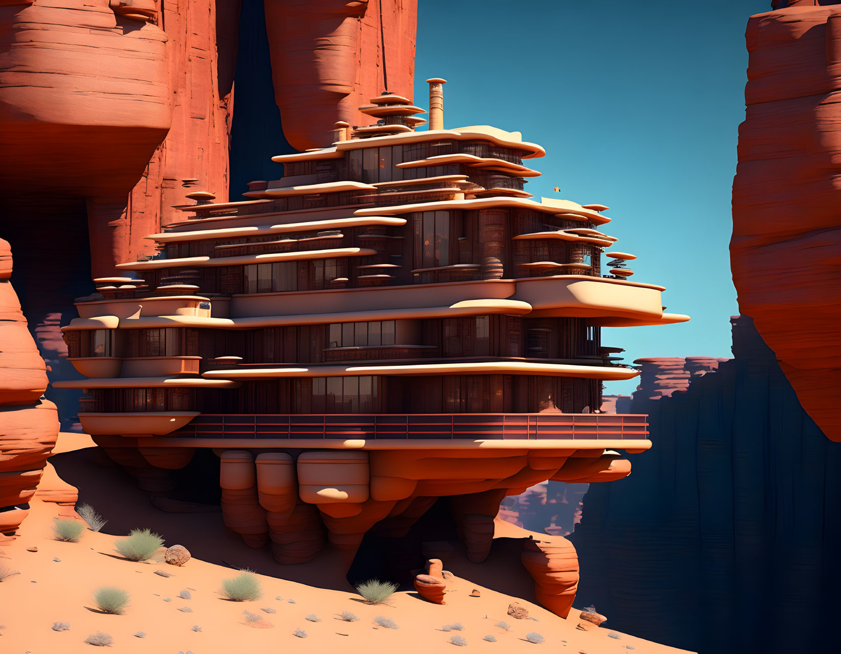 Futuristic multi-level building in red rock formation