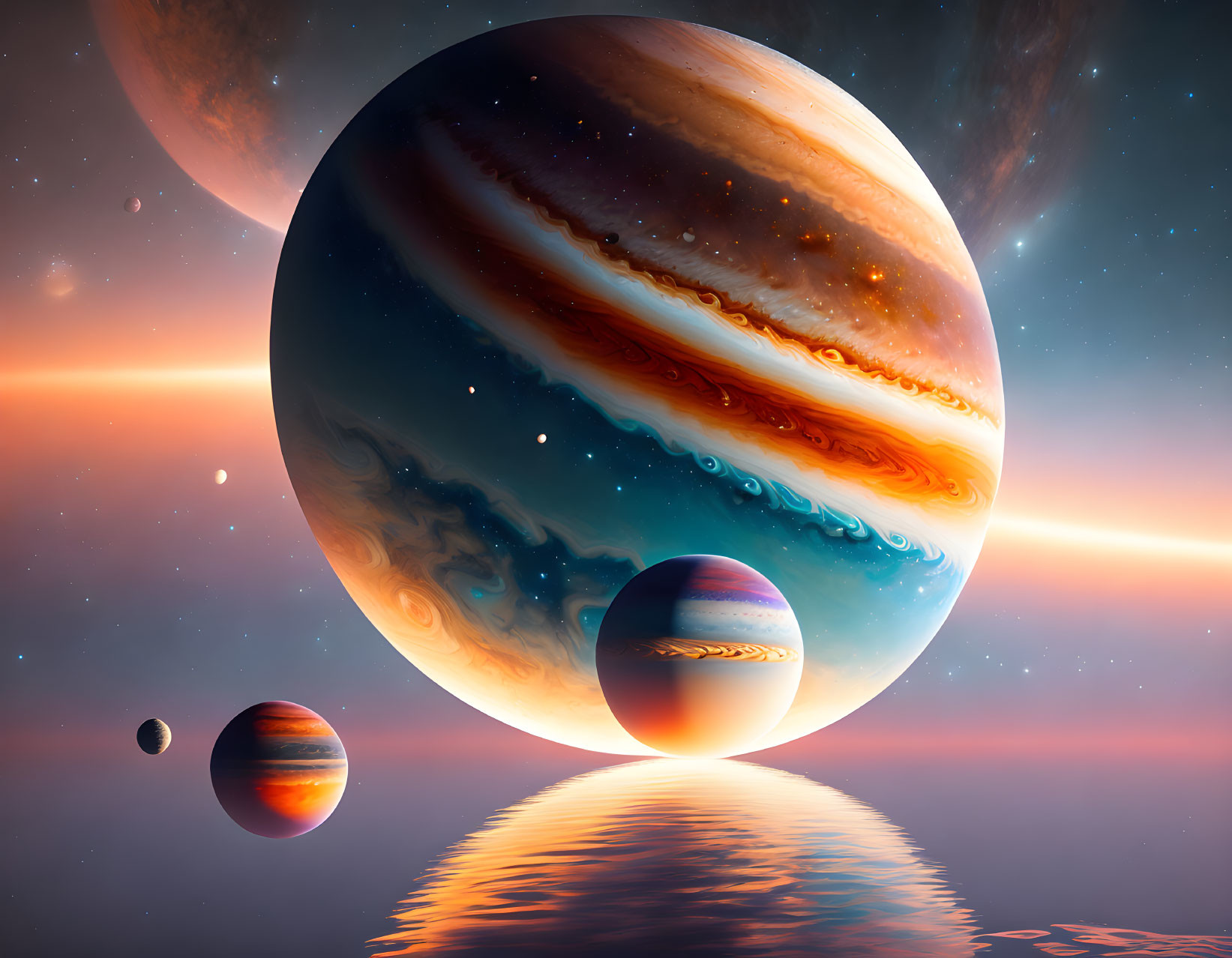 Tranquil space scene with Jupiter-like planets reflected on water