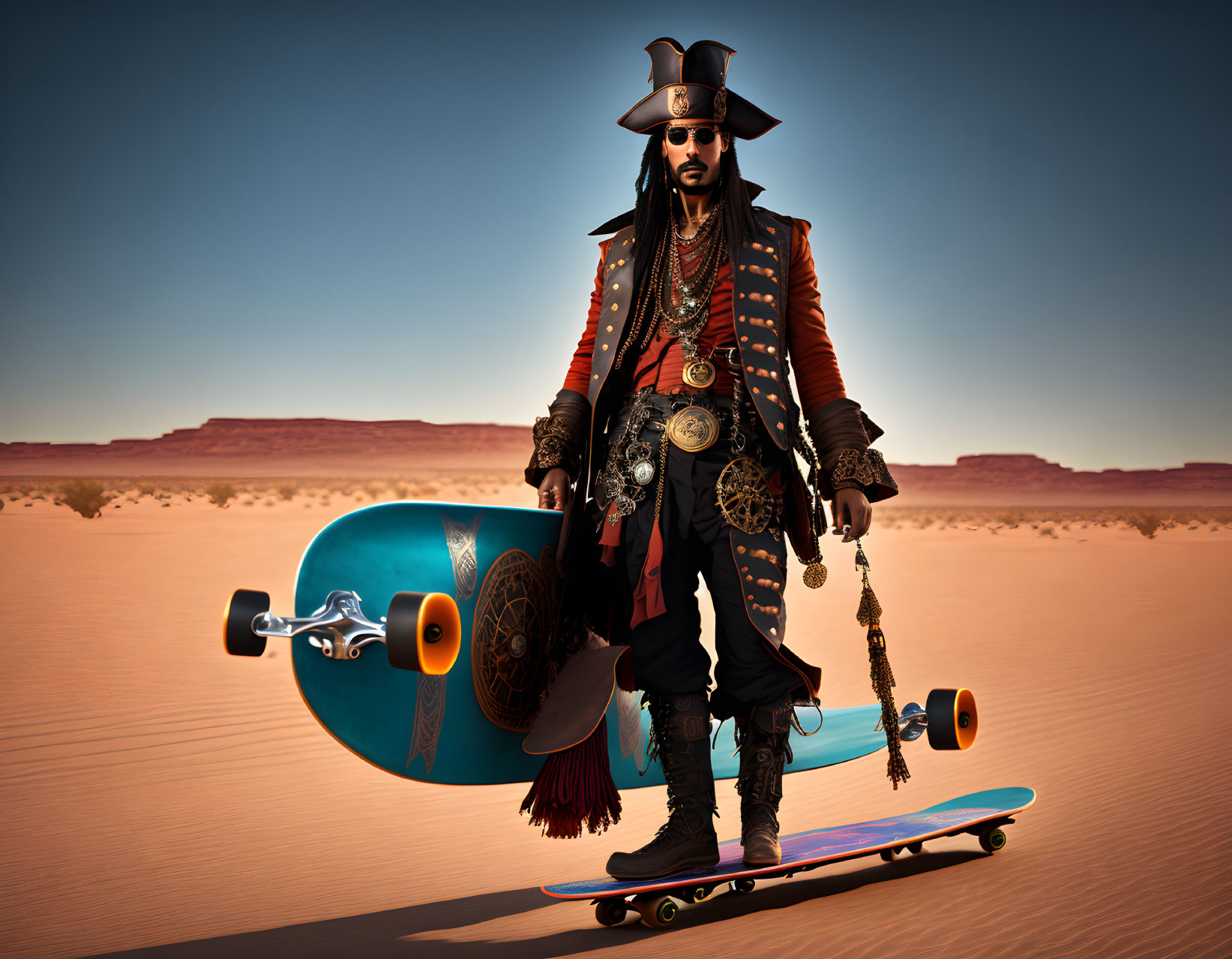 Pirate-themed person with skateboard on desert sand dune