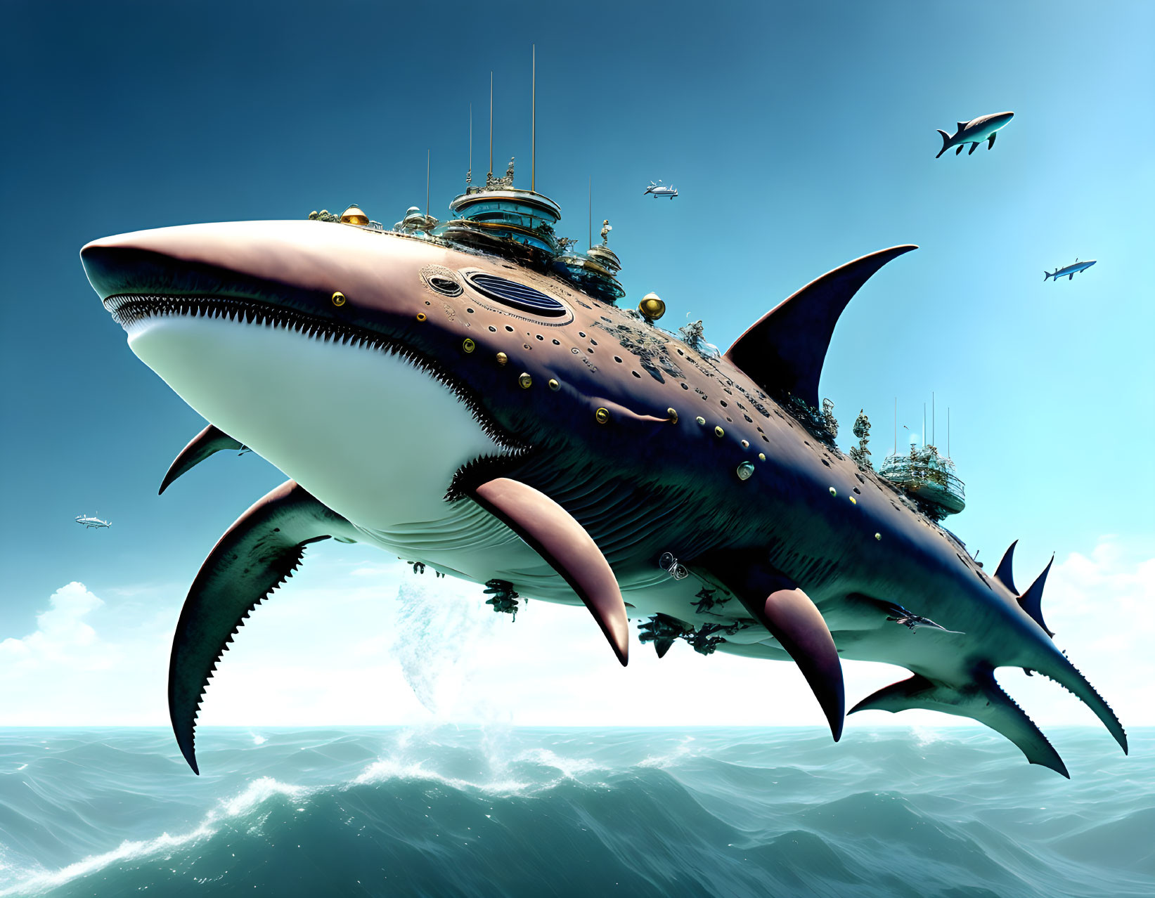 Giant shark submarine vehicle soaring above ocean waves surrounded by flying fish crafts