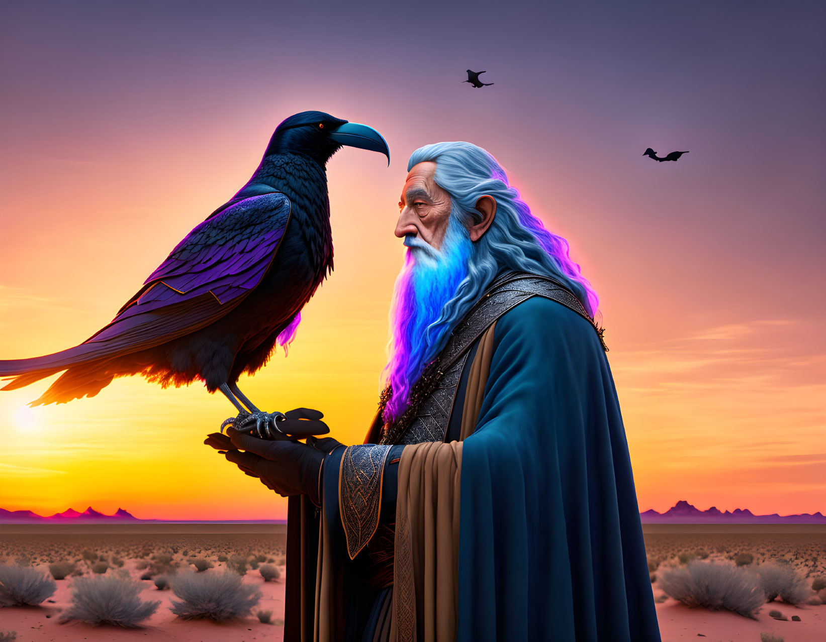 Elderly wizard with white beard and raven in desert at dusk