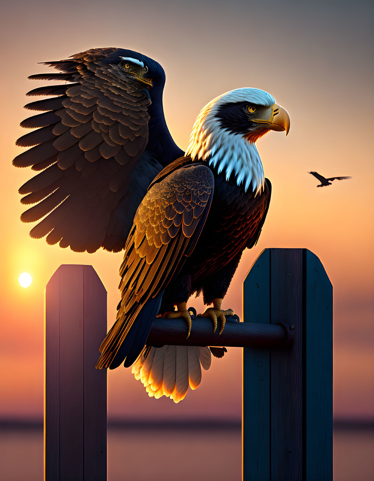 Two eagles perched on wooden posts at sunset