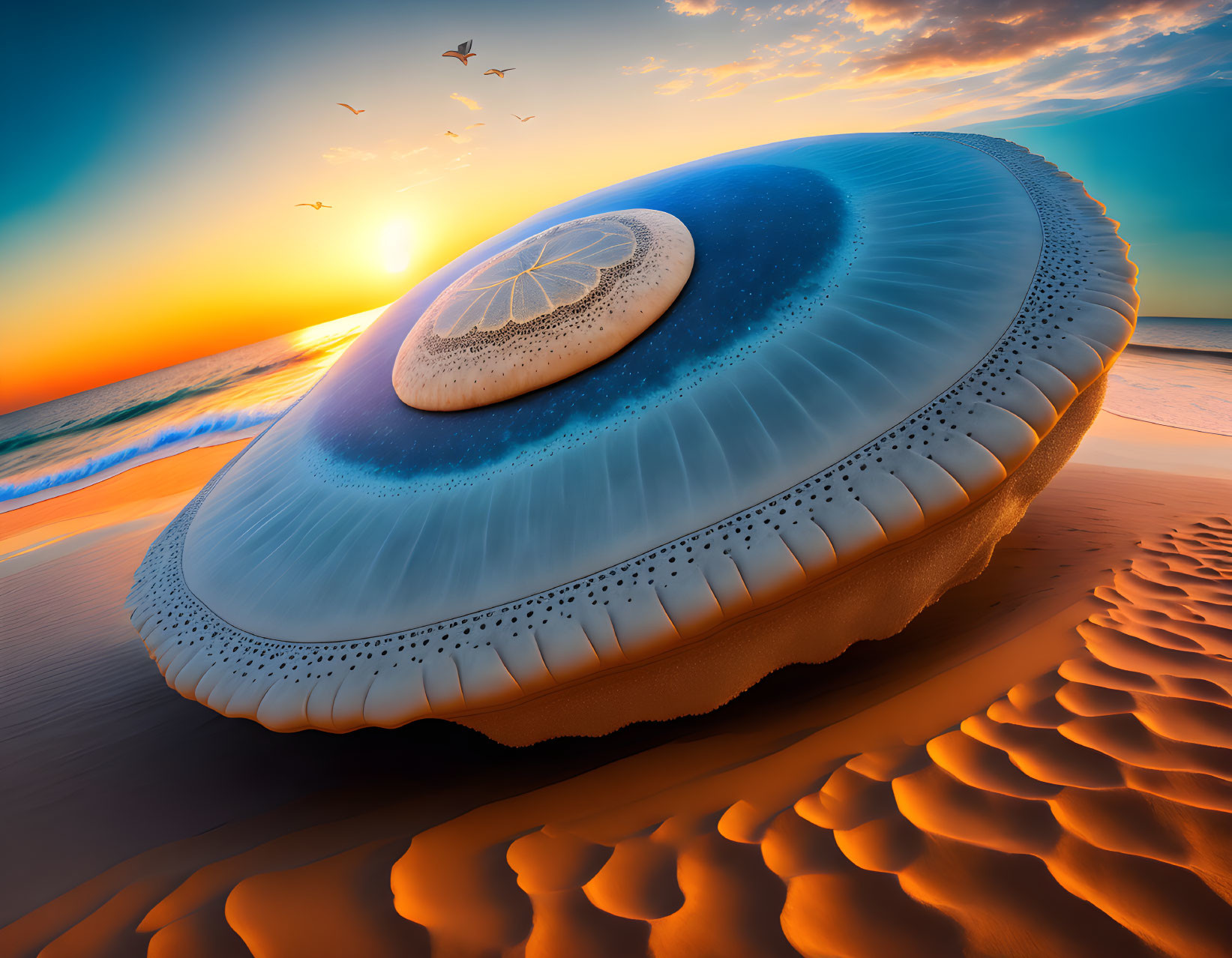 Surreal desert beach scene with citrus slice-shaped object at sunset