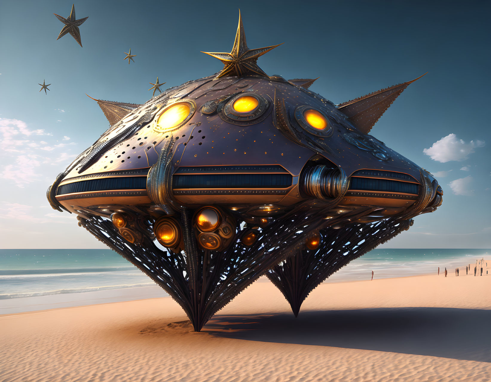 Star-shaped spacecraft with glowing orange windows lands on serene beach