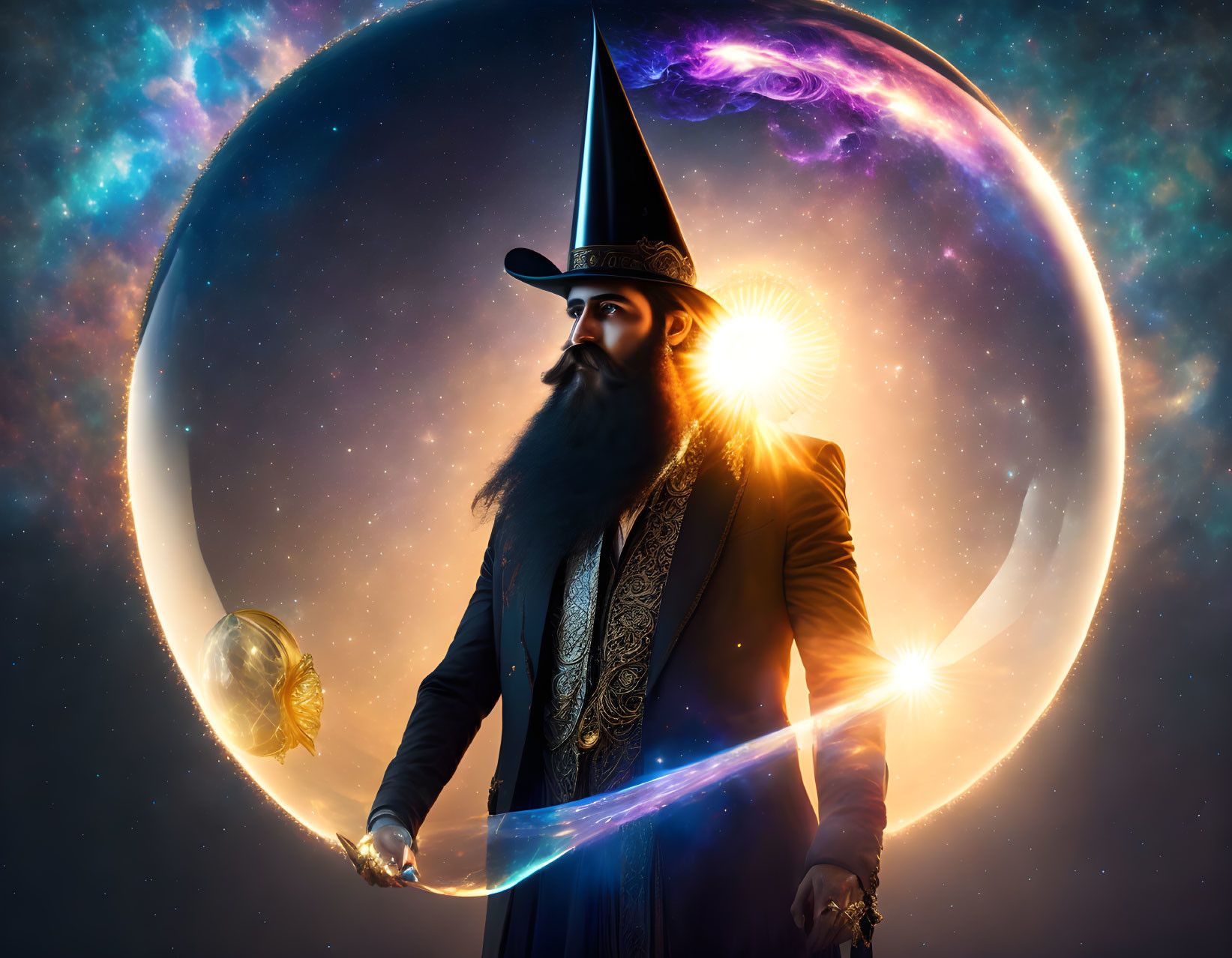 Bearded wizard in starry cloak with glowing staff and celestial backdrop