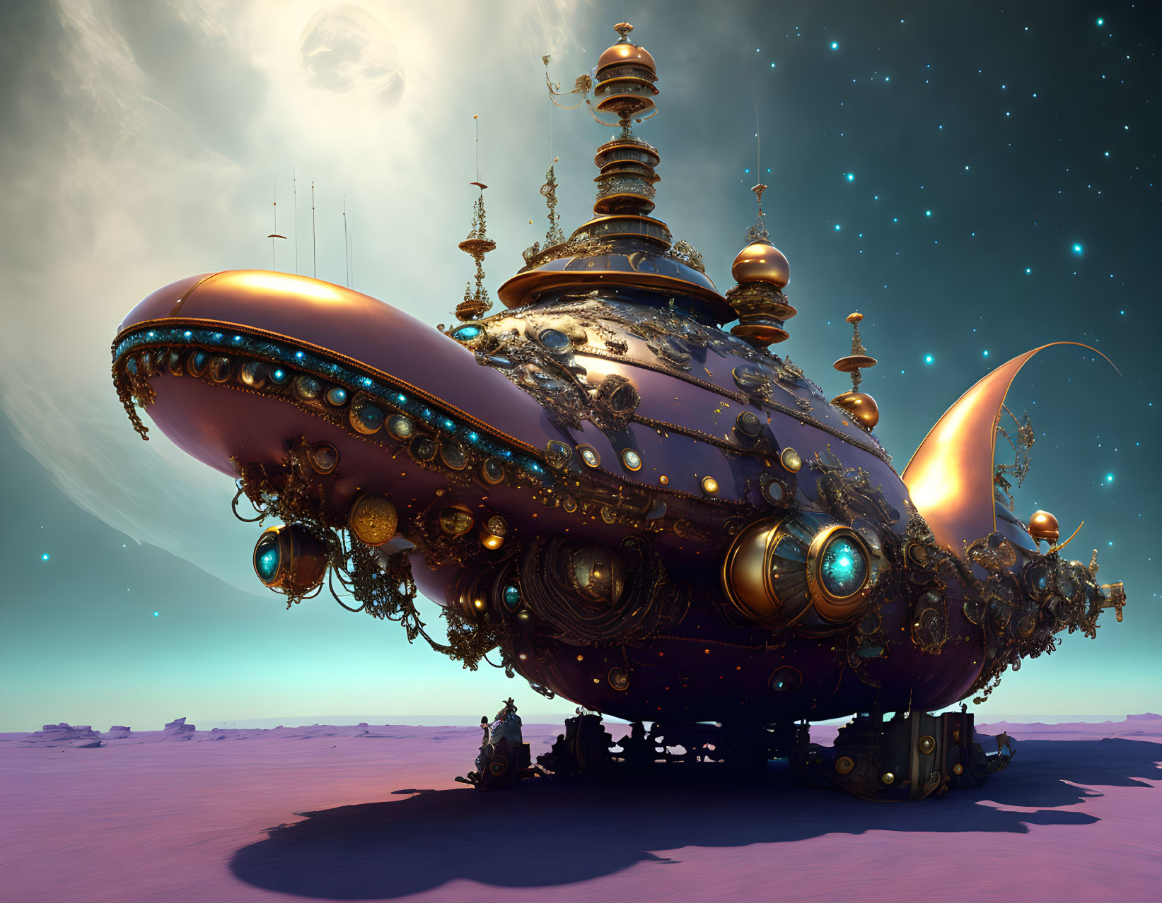 Elaborate steampunk airship lands on desert planet at night