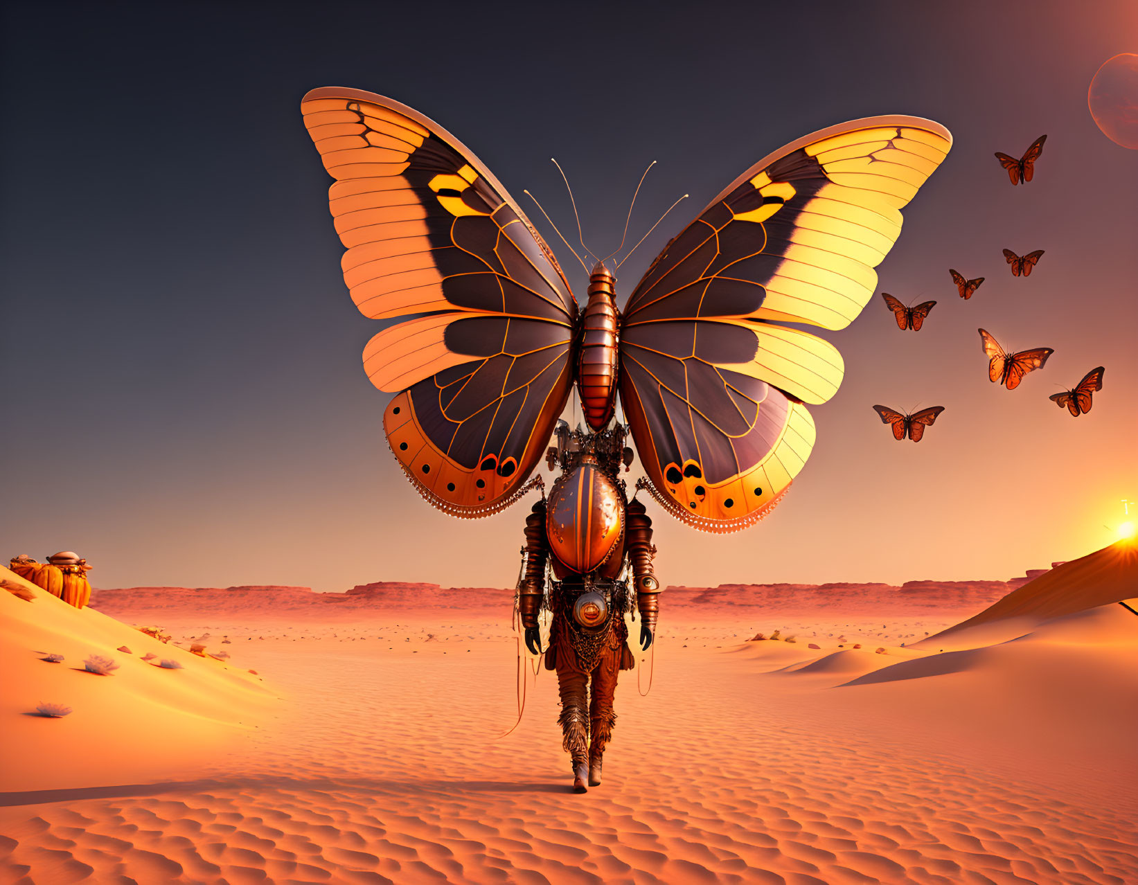 Mechanical being with butterfly wings in desert sunset.