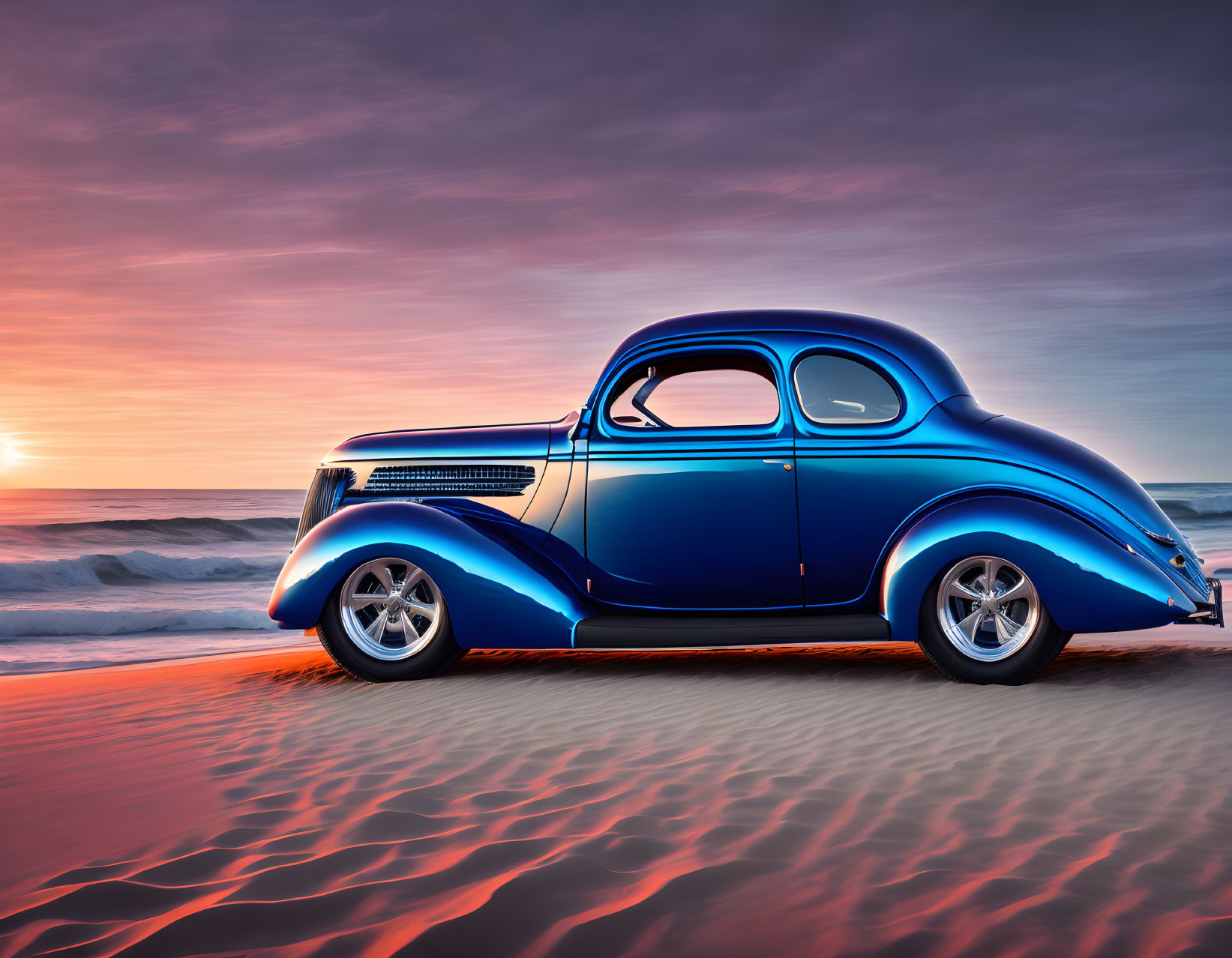 Vintage Blue Car Parked on Beach at Sunset