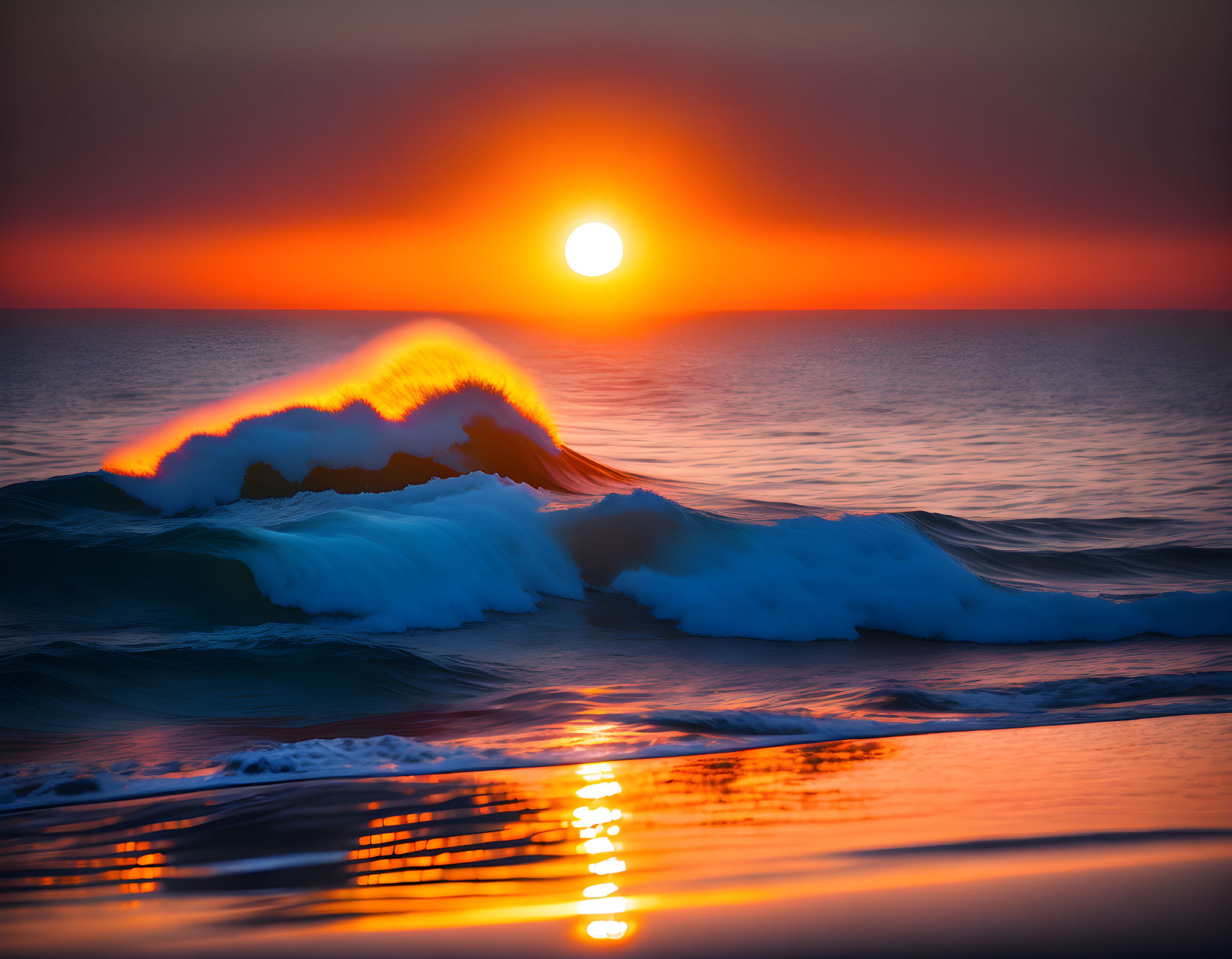 Vibrant ocean sunset with warm sun glow on waves