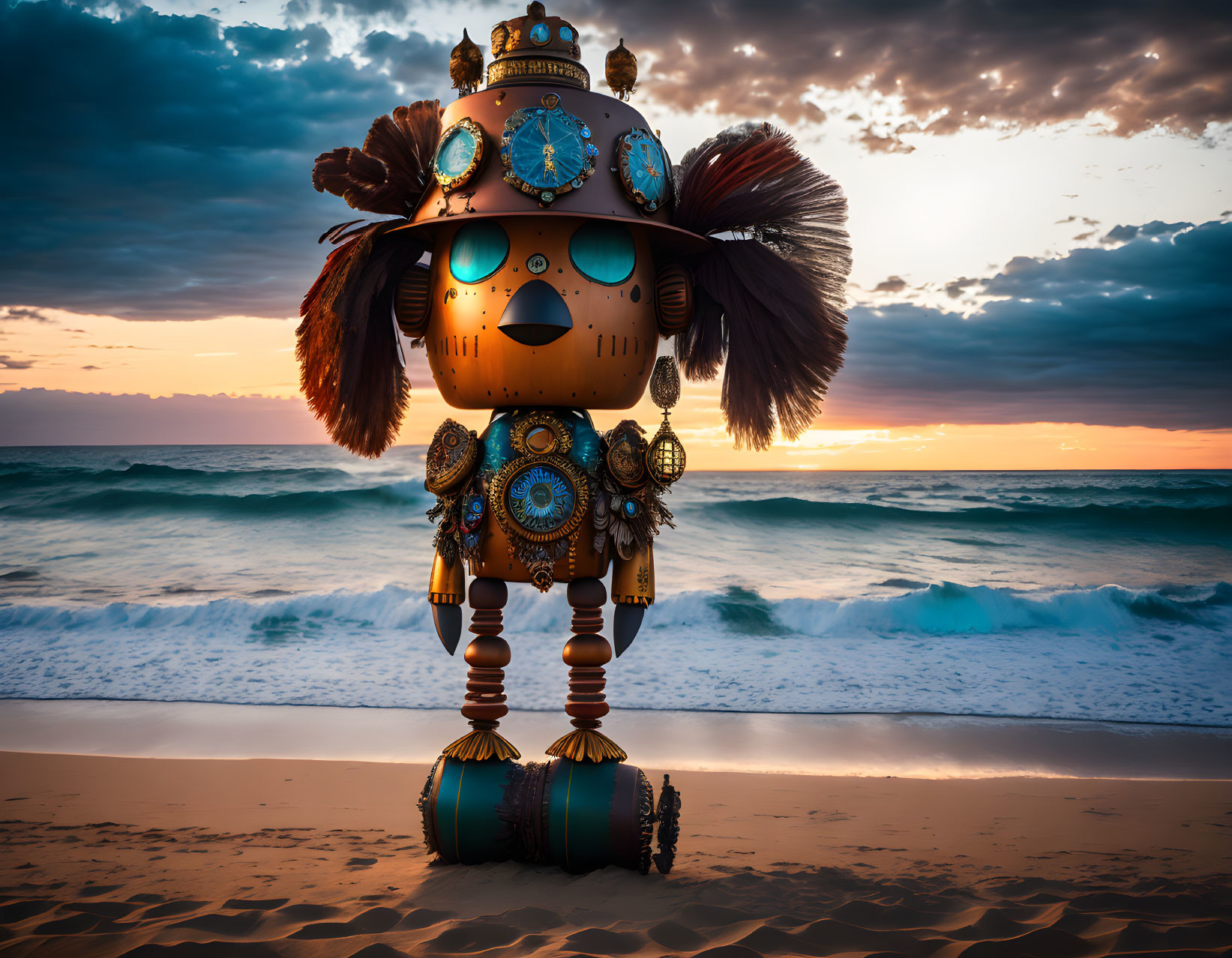 Steampunk robot on sandy beach at sunset