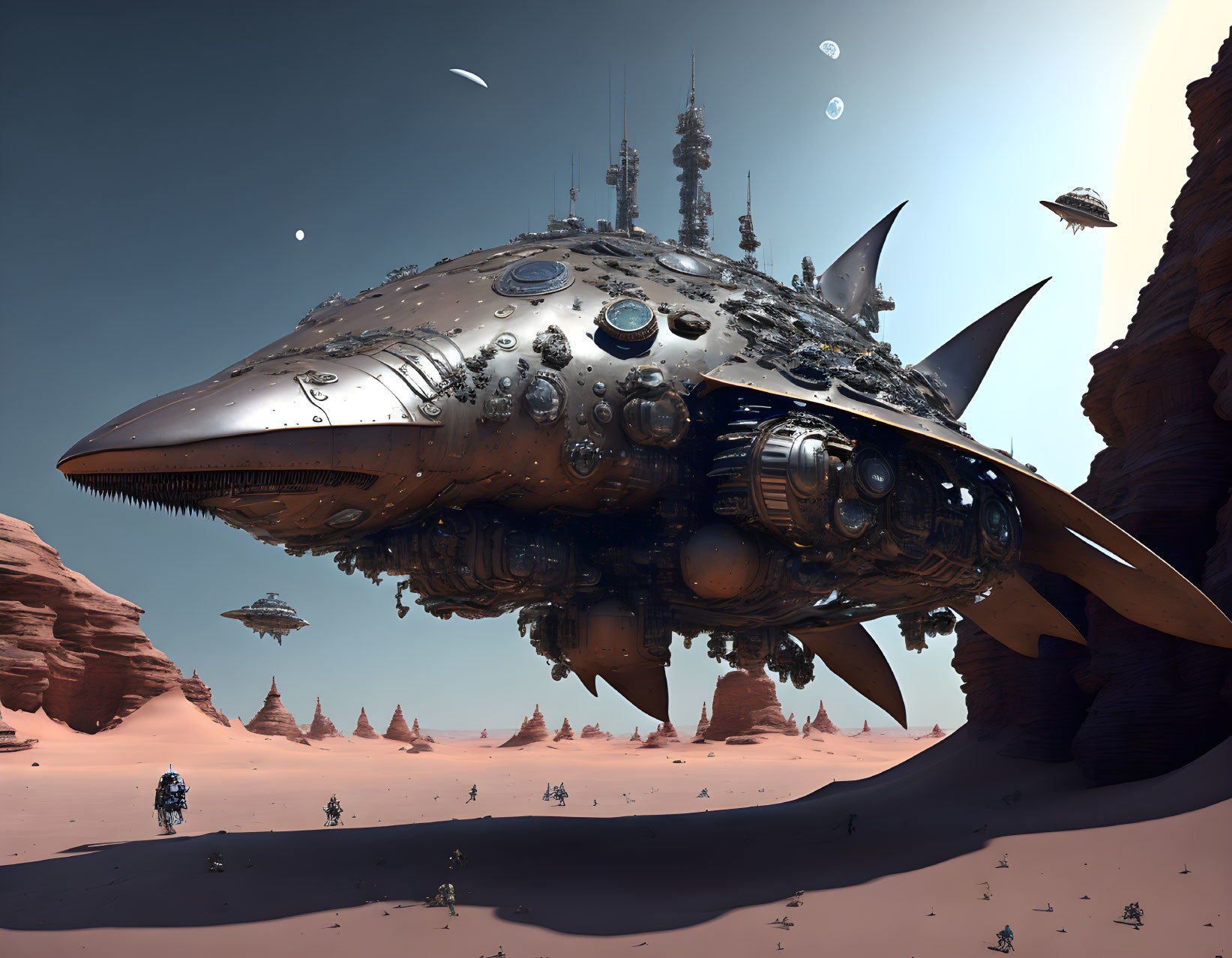 Detailed alien spaceship hovers over desert with figures exploring landscape