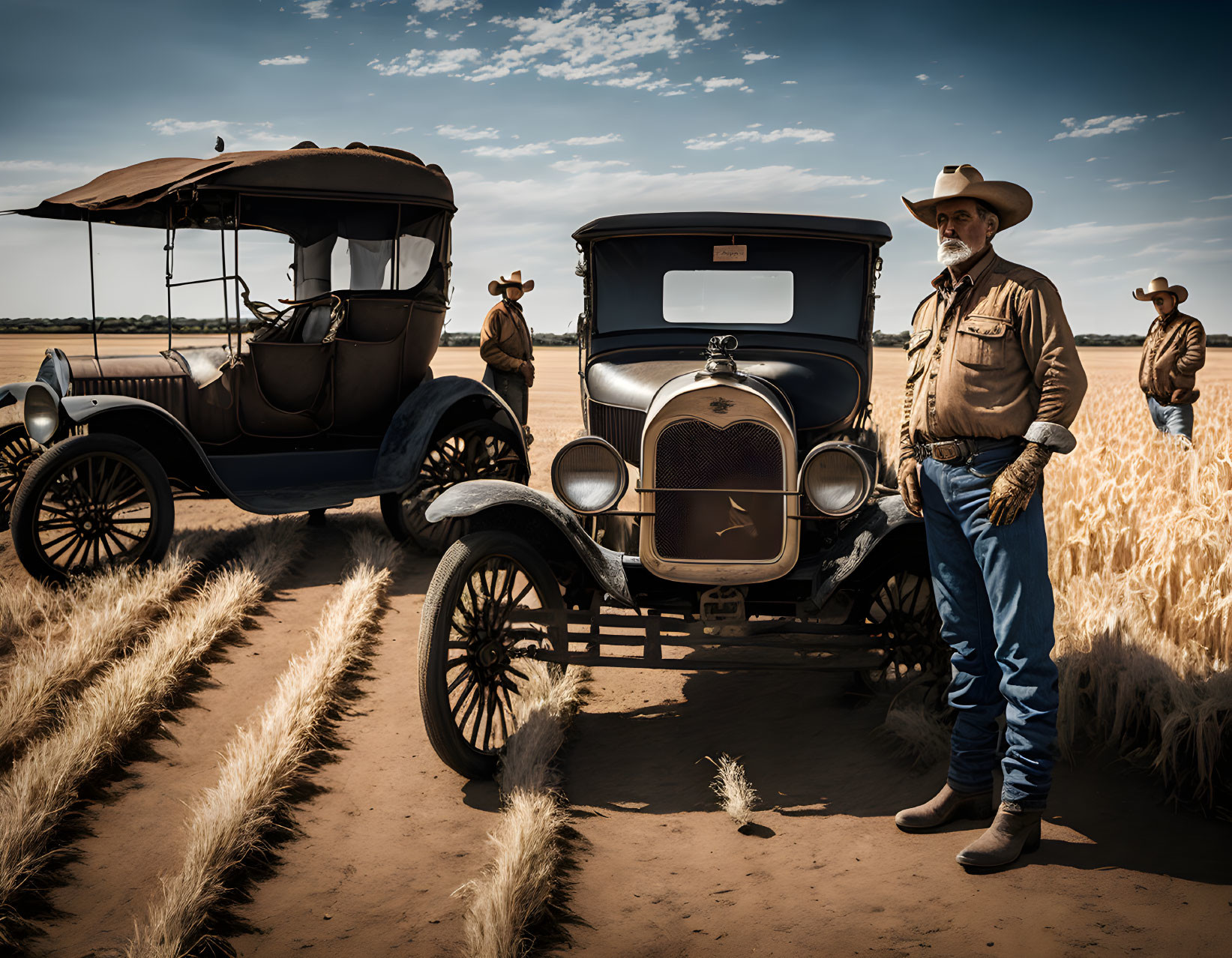 Cowboy hat man by classic car in wheat field with vintage cars and sky