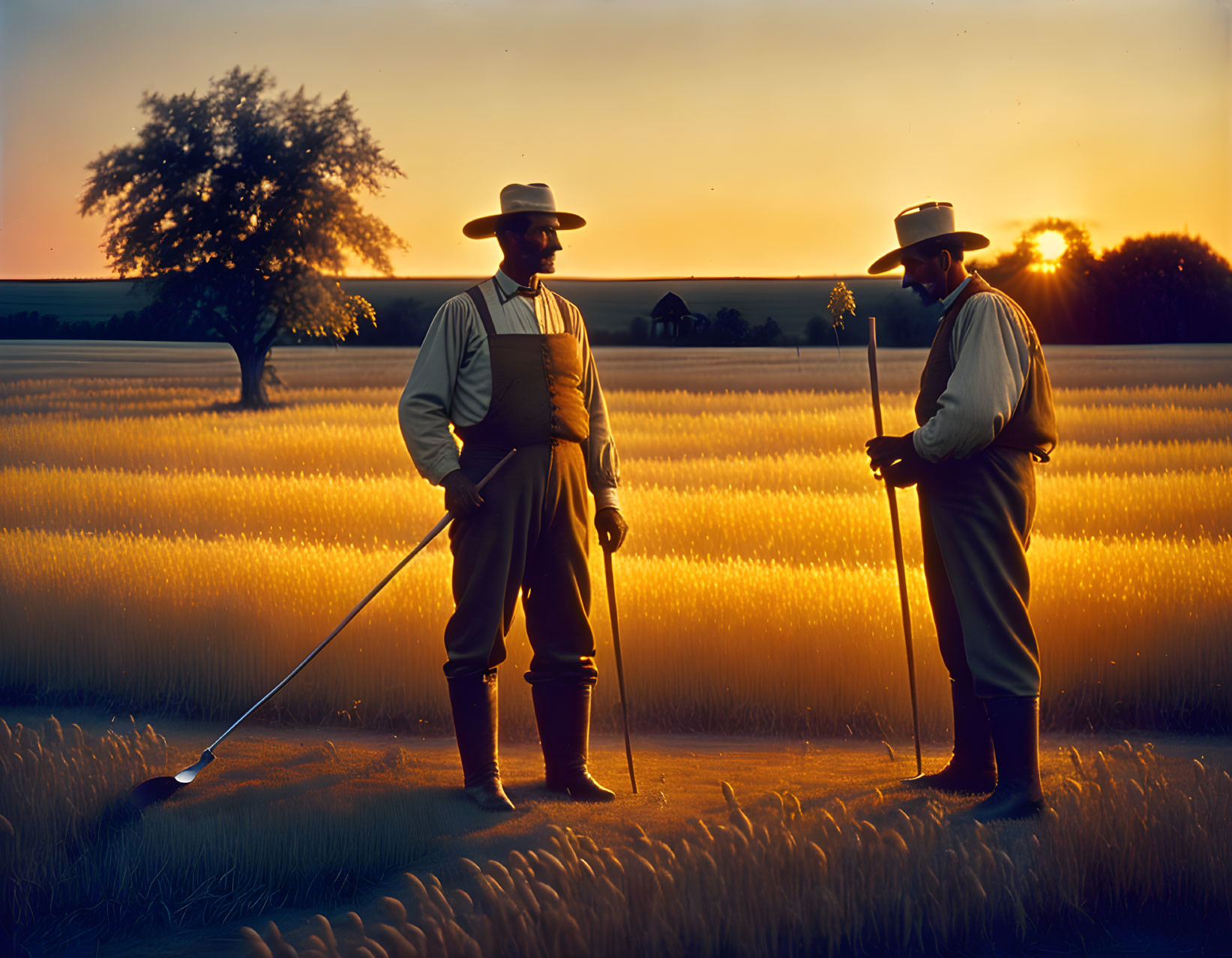 Vintage farm attire individuals in wheat field at sunset with tools and tree.