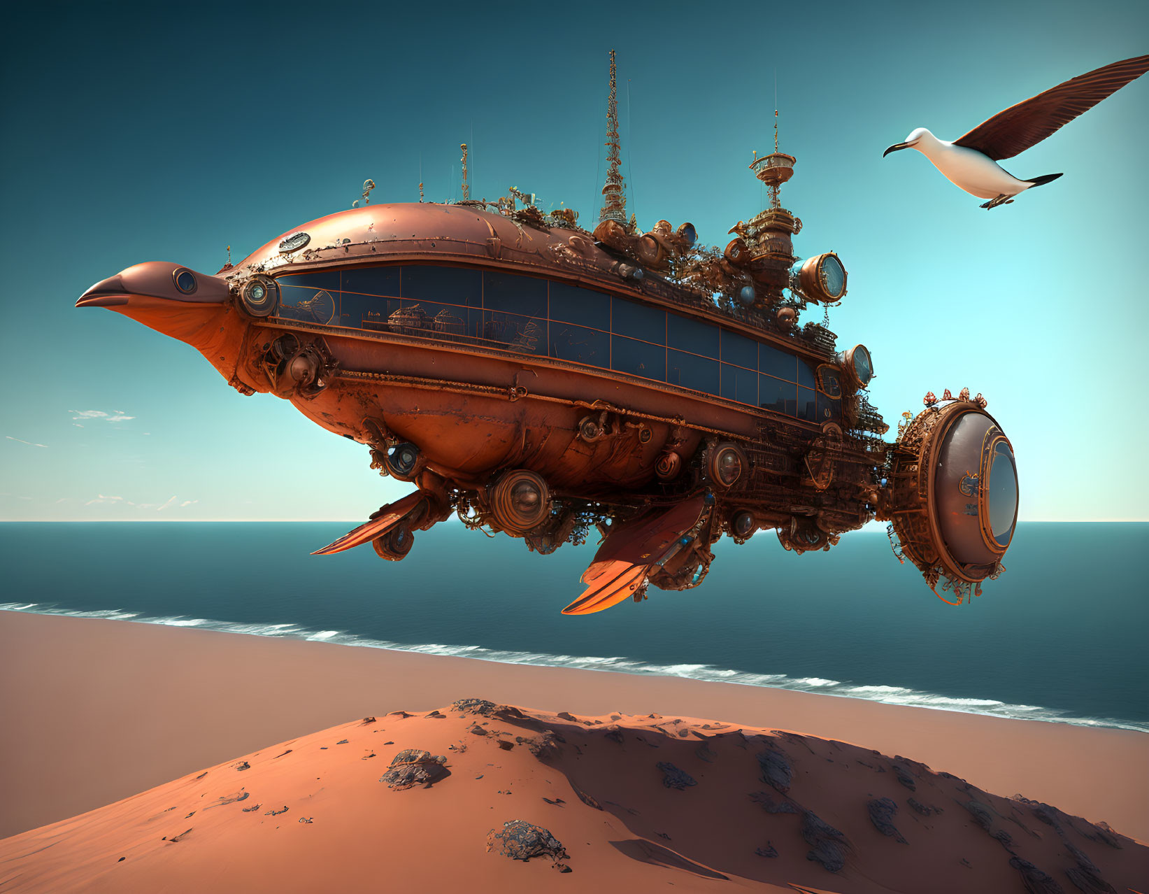 Steampunk-style fish airship over desert with seagull.