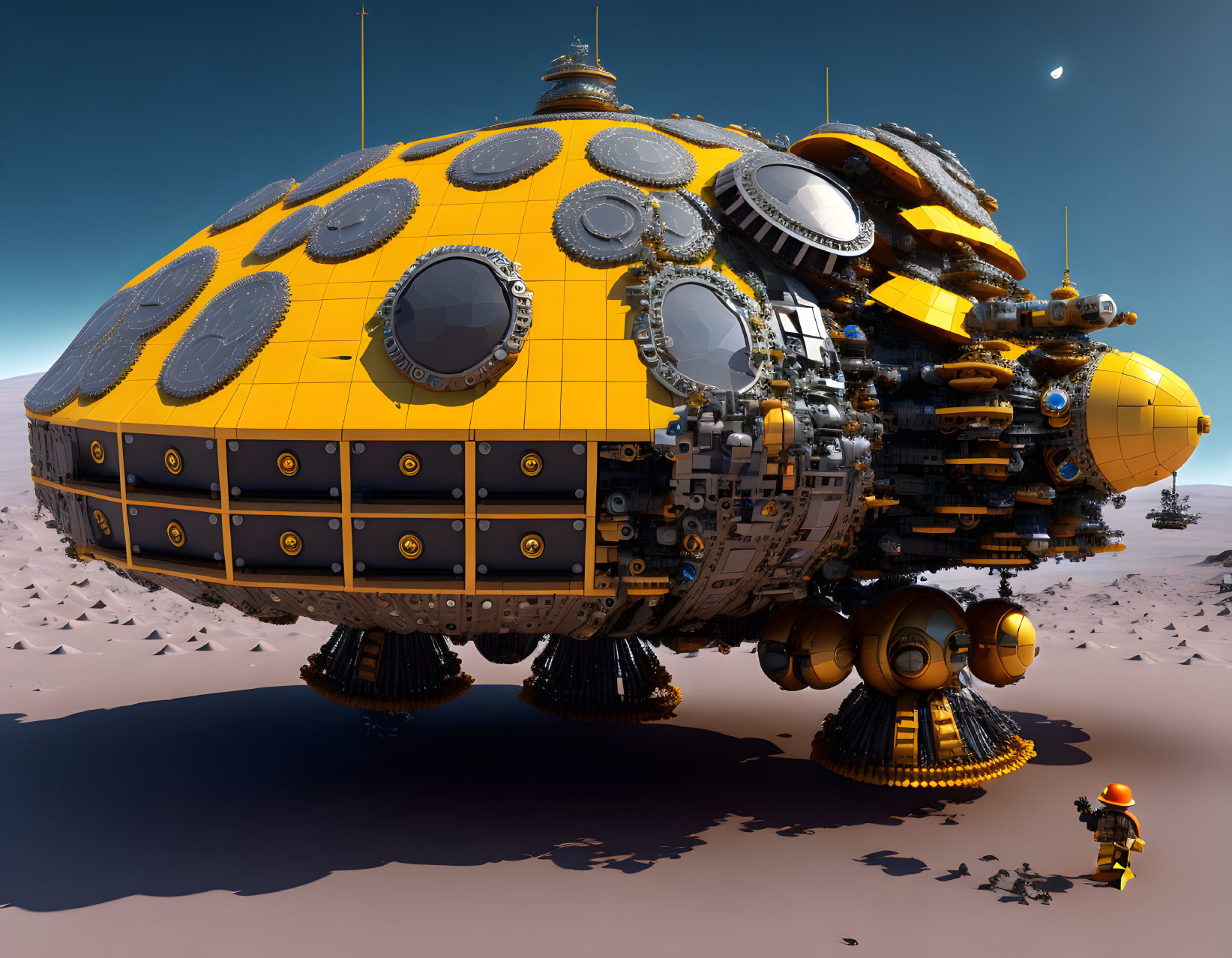 Futuristic dome structure in yellow and black on desert terrain