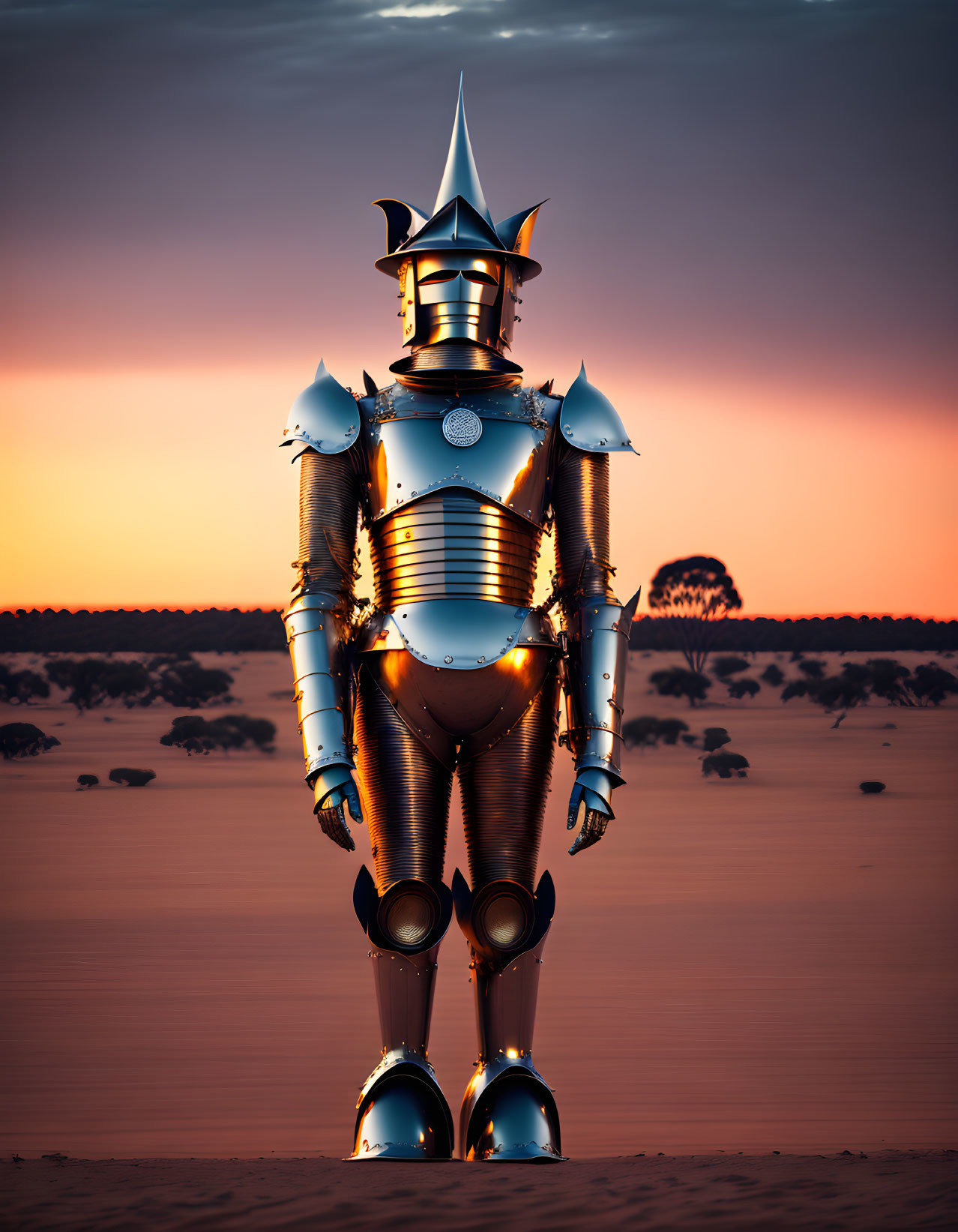 Shiny medieval knight armor on sandy landscape at sunset