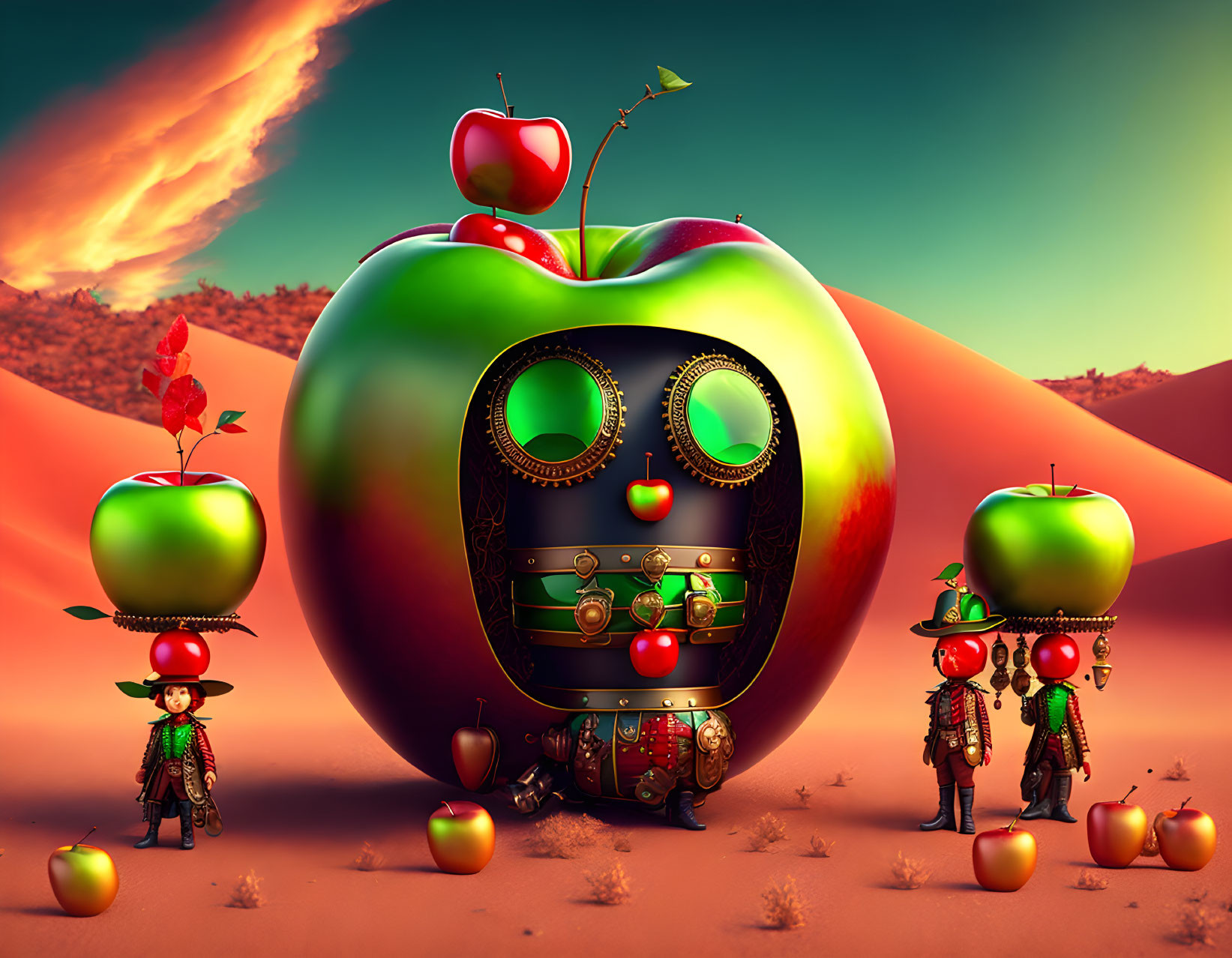 Surreal landscape featuring apple-shaped robots and figures in a desert setting.