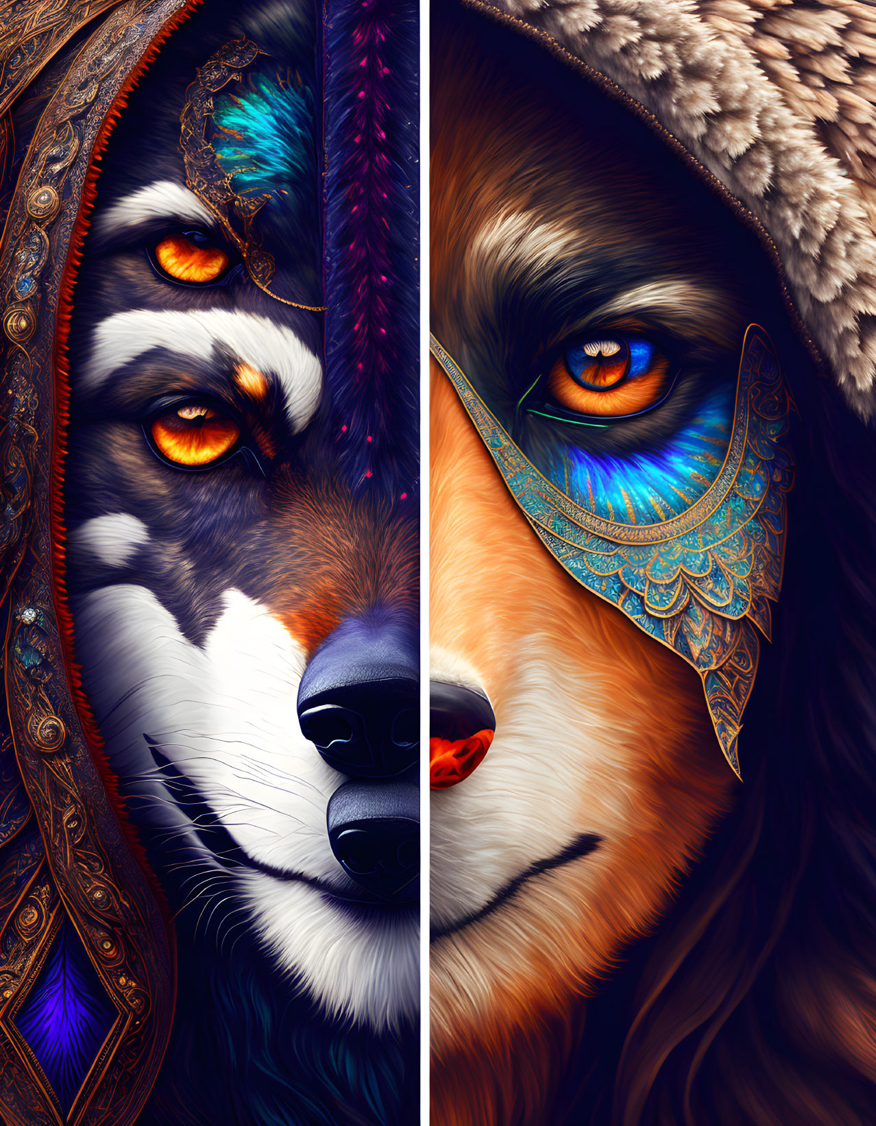 Split composition: Wolf with tribal paint and human with ornate eyewear symbolize fusion of wild spirit