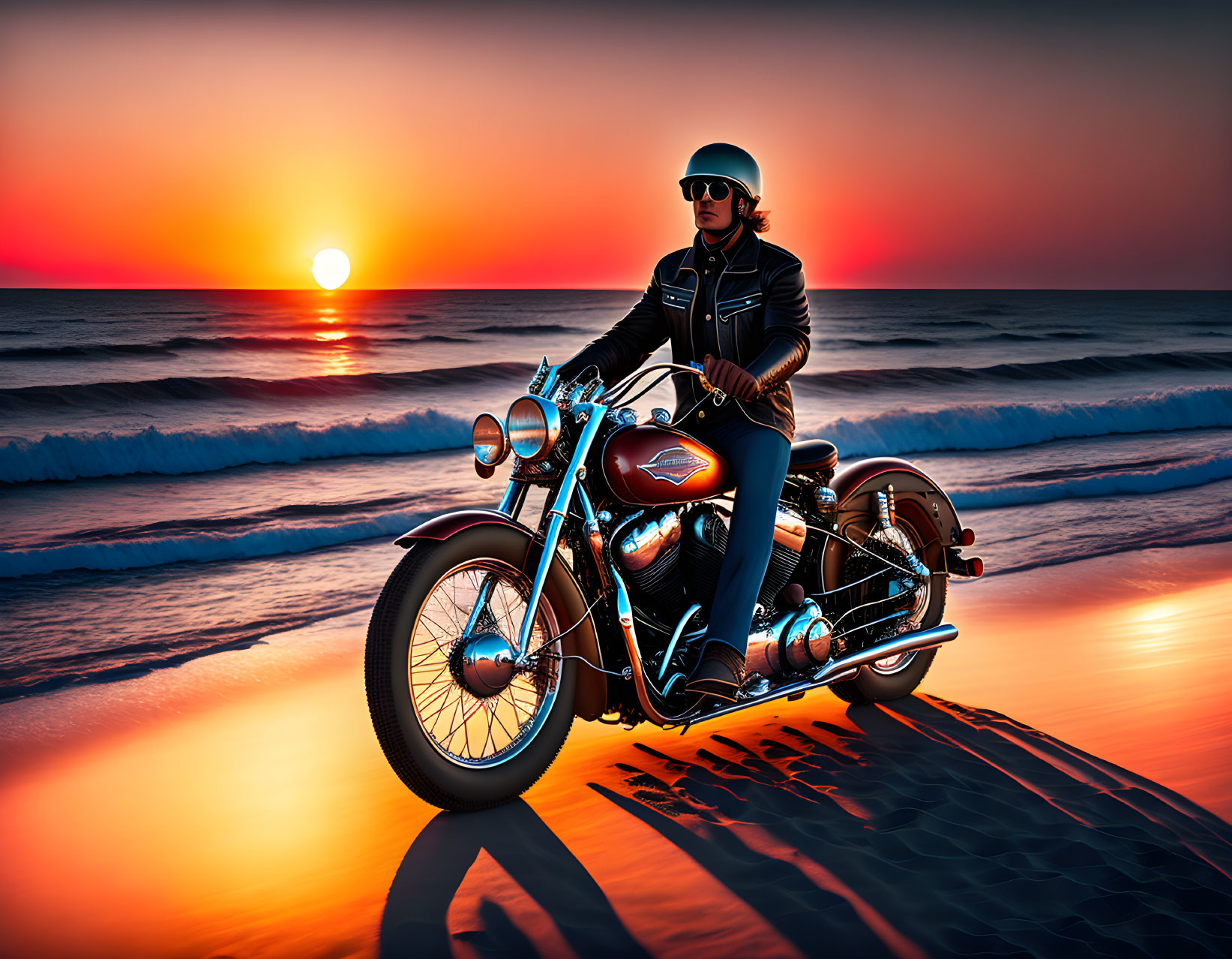 Classic Motorcycle Rider at Beach Sunset with Vibrant Sky