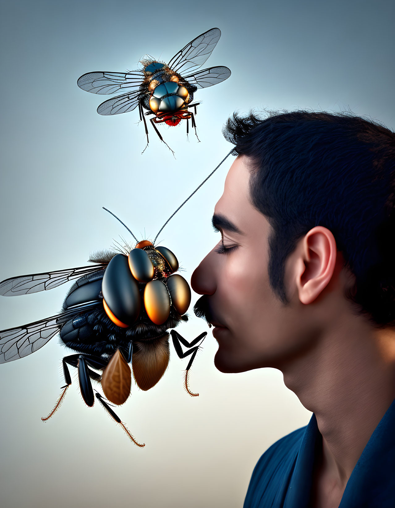 Man and oversized detailed fly in surreal encounter