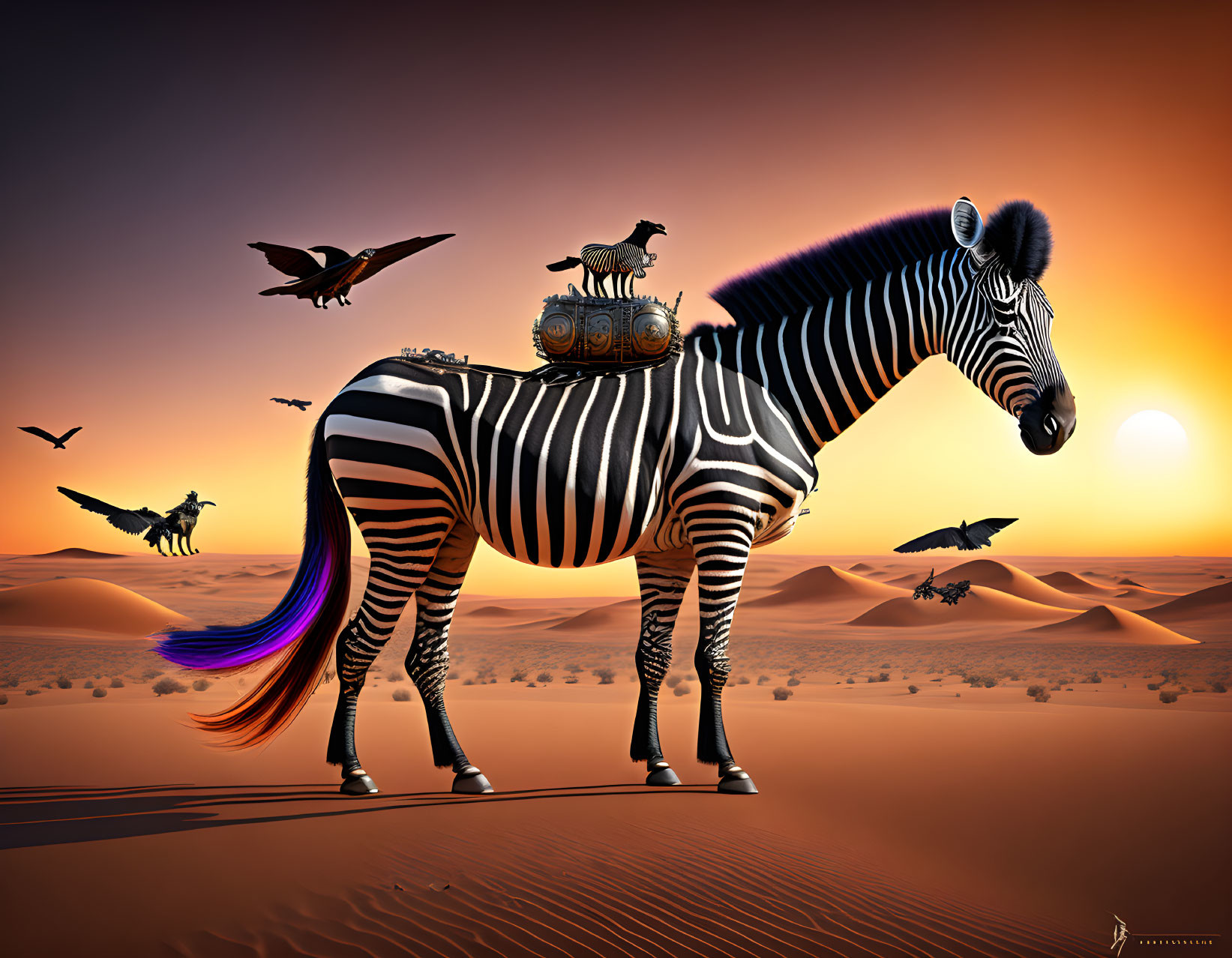 Zebra with matching stripes in desert scene with birds and carriage