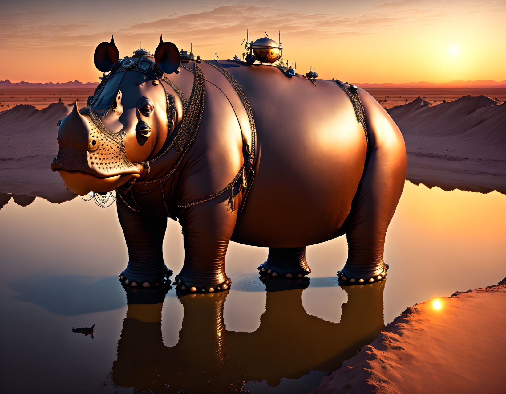 Giant Mechanical Hippopotamus in Desert Sunset Landscape