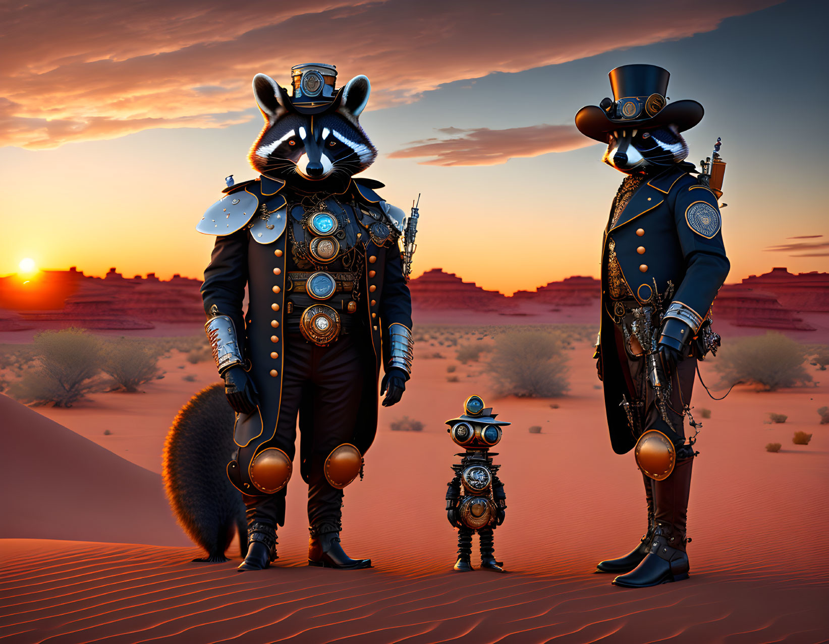 Anthropomorphic raccoons and robot in steampunk attire at desert sunset