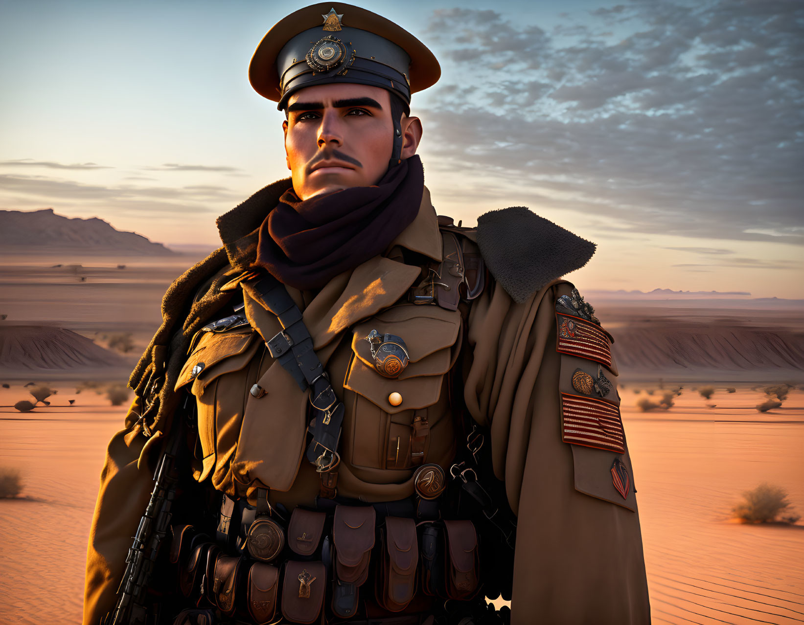 Male soldier in uniform with medals, cape, and scarf in desert setting