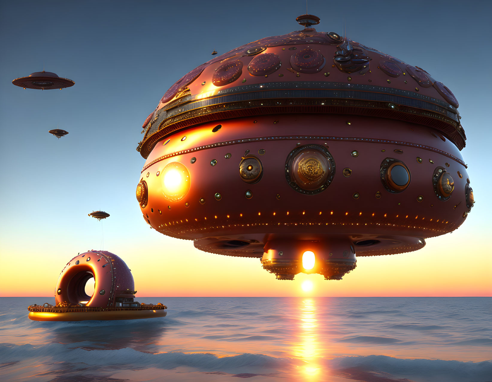 Steampunk-style airship over reflective water at sunset