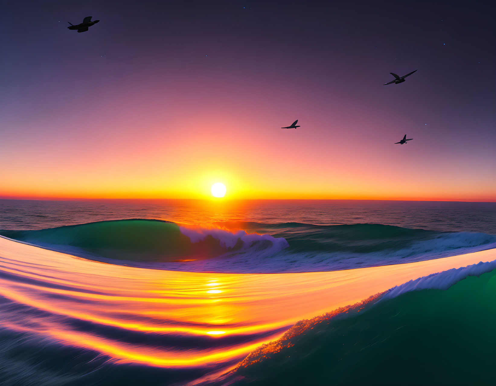 Colorful sunset with glowing sun, ocean waves, and bird silhouettes.