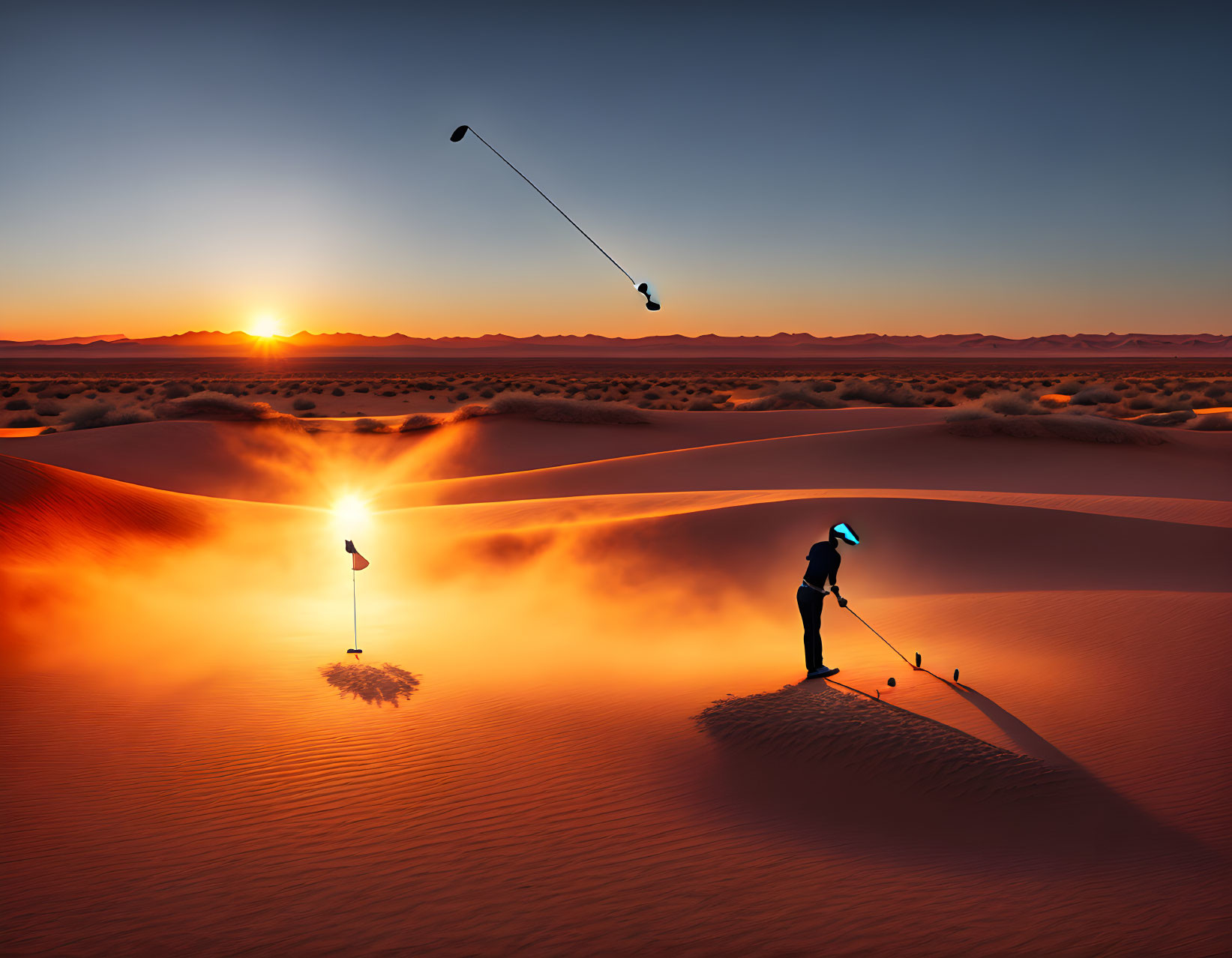 Golfer playing on sand dunes at sunset with golf ball mid-air