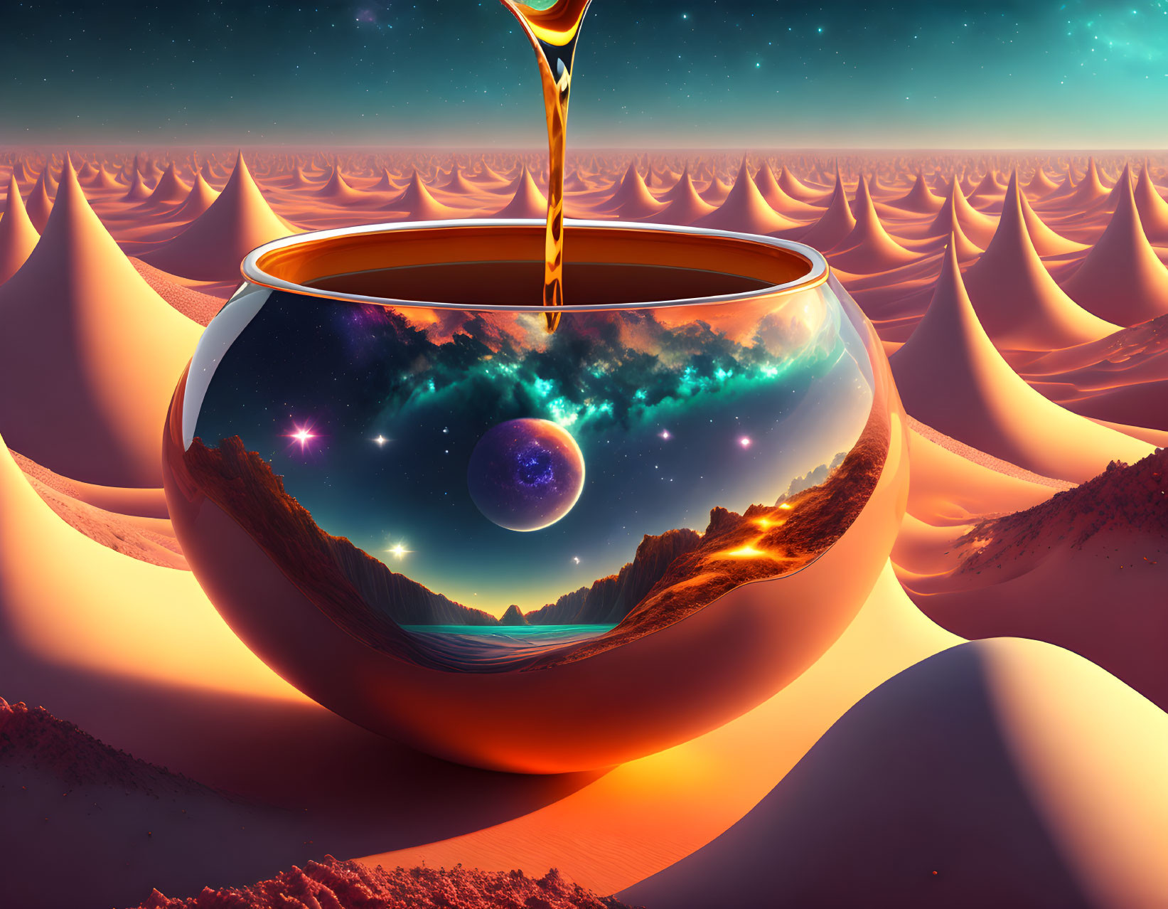 Surreal landscape with golden liquid, cosmic scene, stars, planet, and mountains.