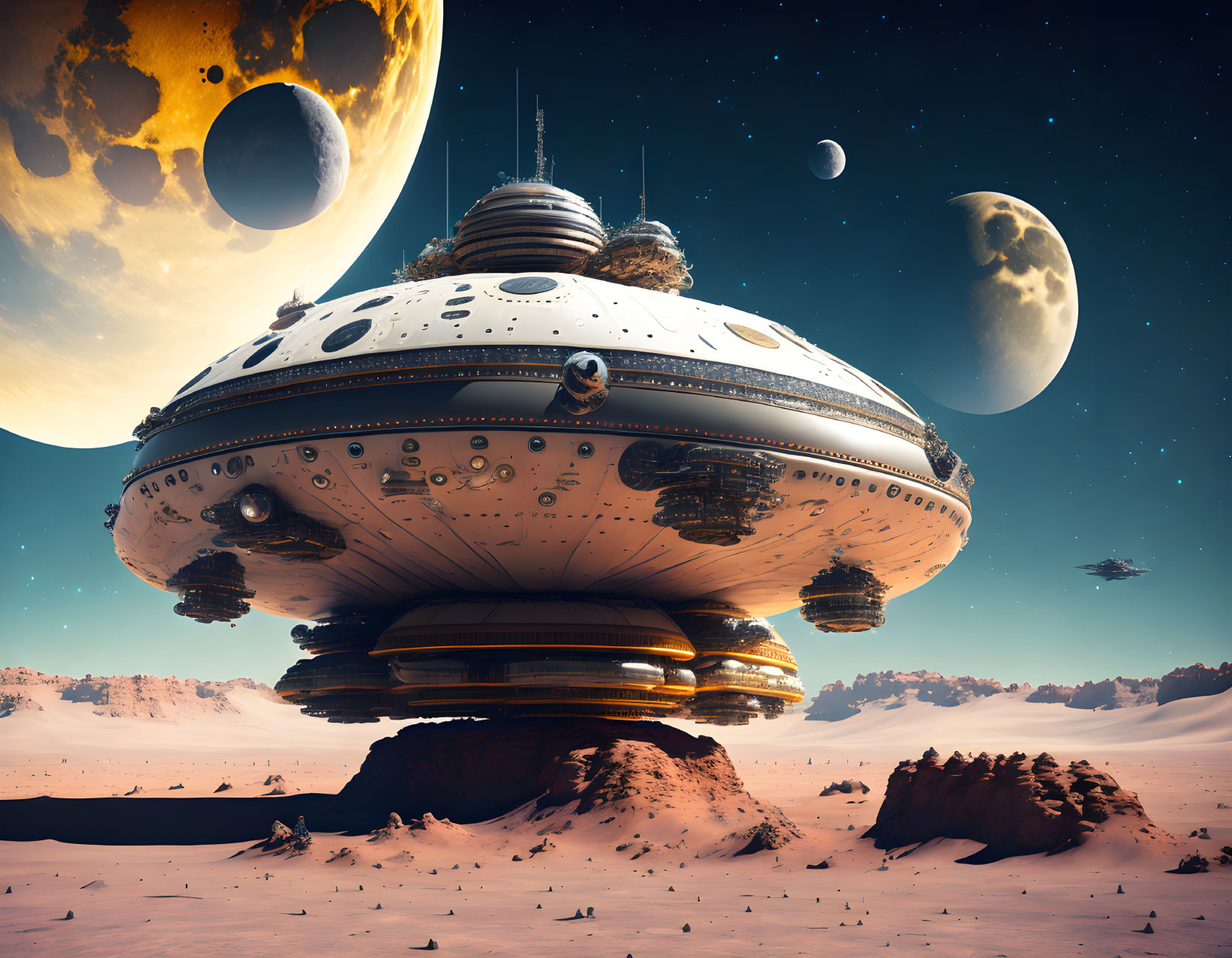 Huge spaceship on desert with moons & alien planet in sky