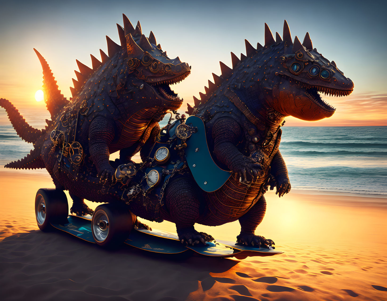 Armored dinosaurs skateboarding at sunset beach