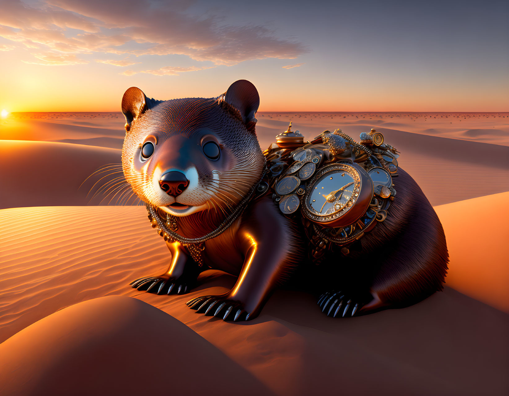 Steampunk-inspired 3D illustration of a clockwork ferret in desert sunset