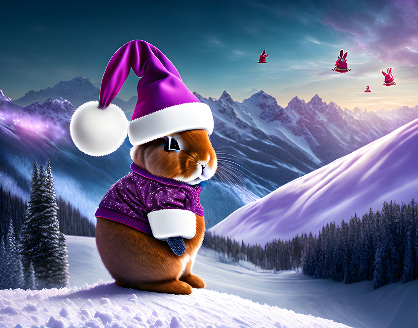 Bunny in Purple Sweater and Santa Hat in Snowy Landscape