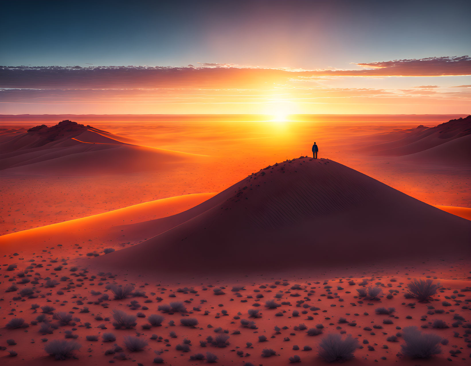 Person on sand dune gazes at desert sunrise