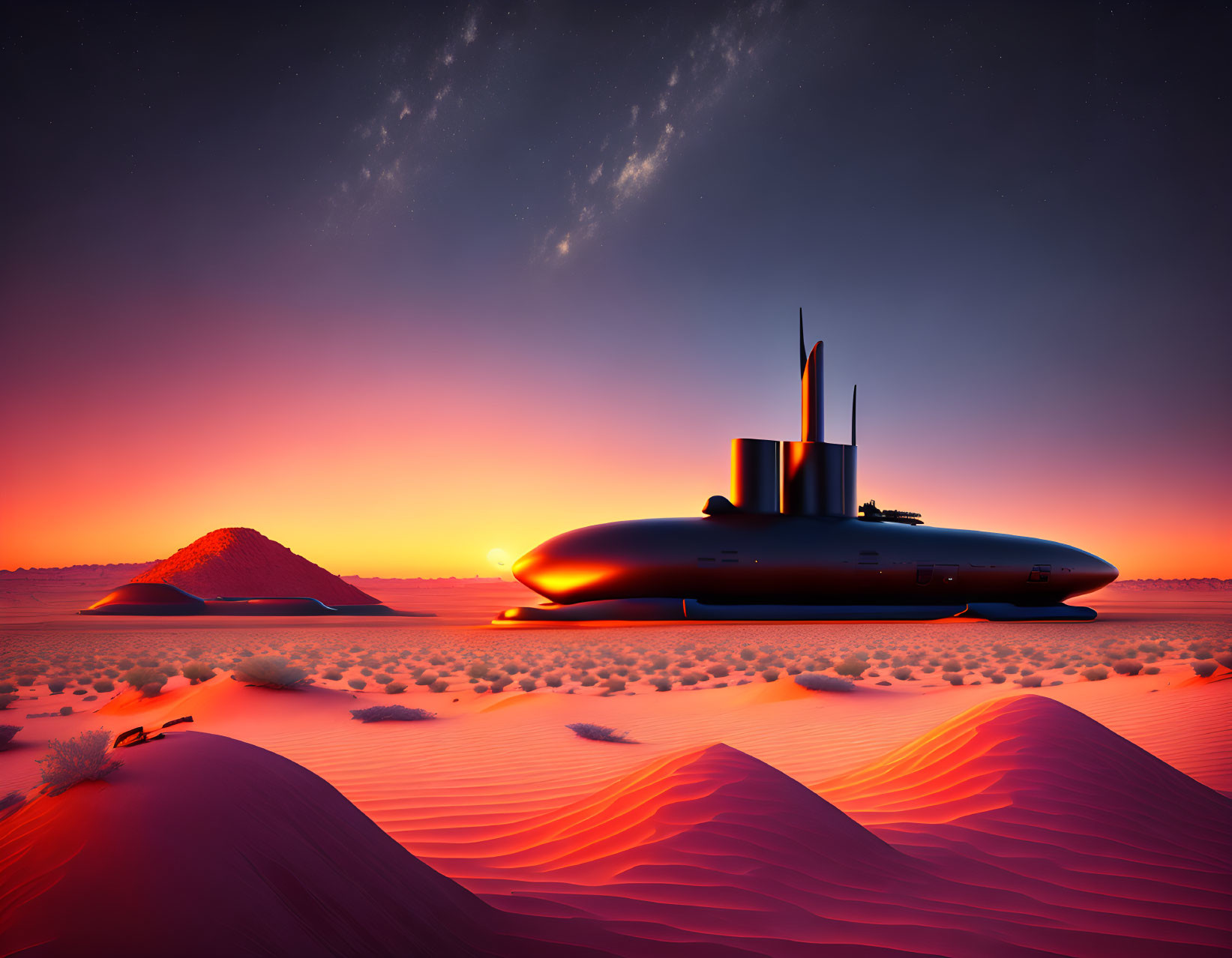 Submarine on desert landscape under sunset sky