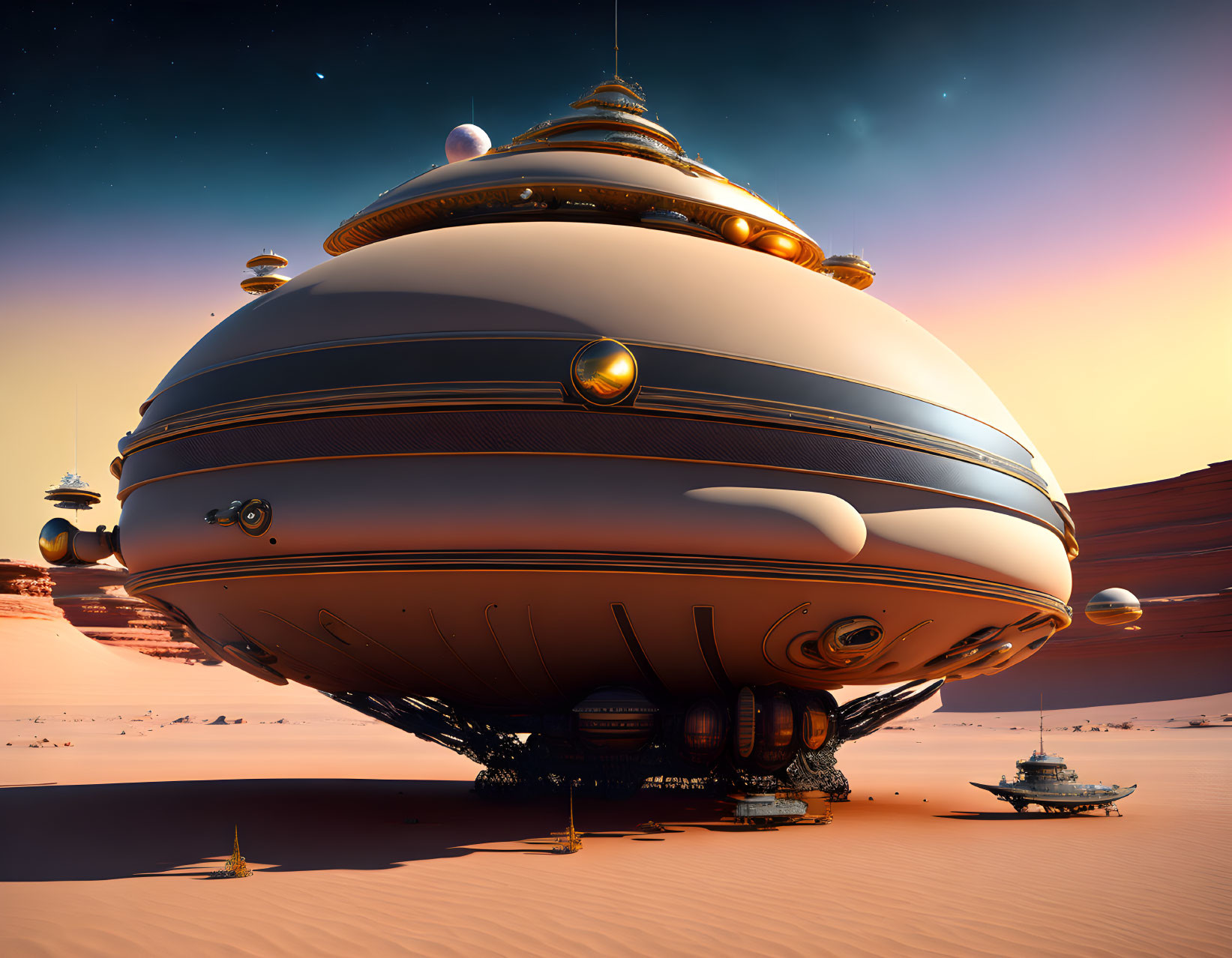 Futuristic spacecraft on red desert with starry sky & intricate designs