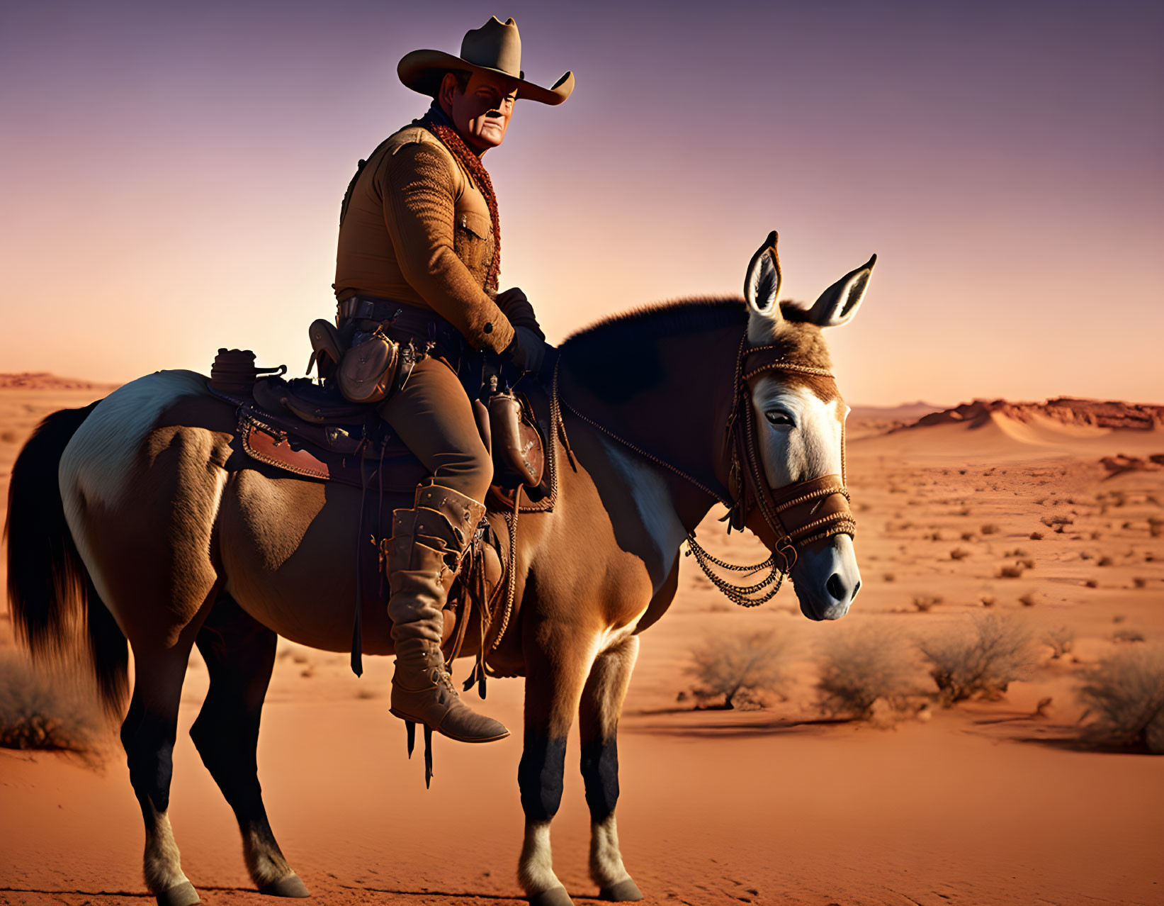 Cowboy riding horse in desert sunset landscape.