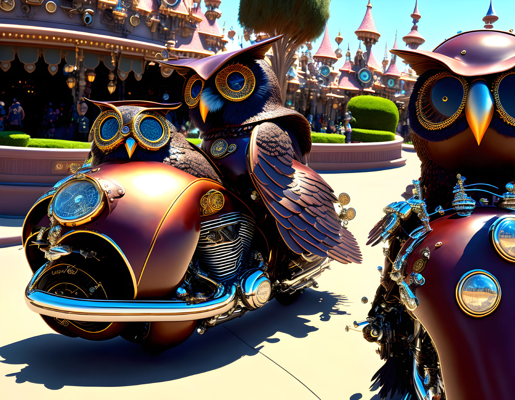 Stylized mechanical owls on ornate motorcycles by fantasy castle